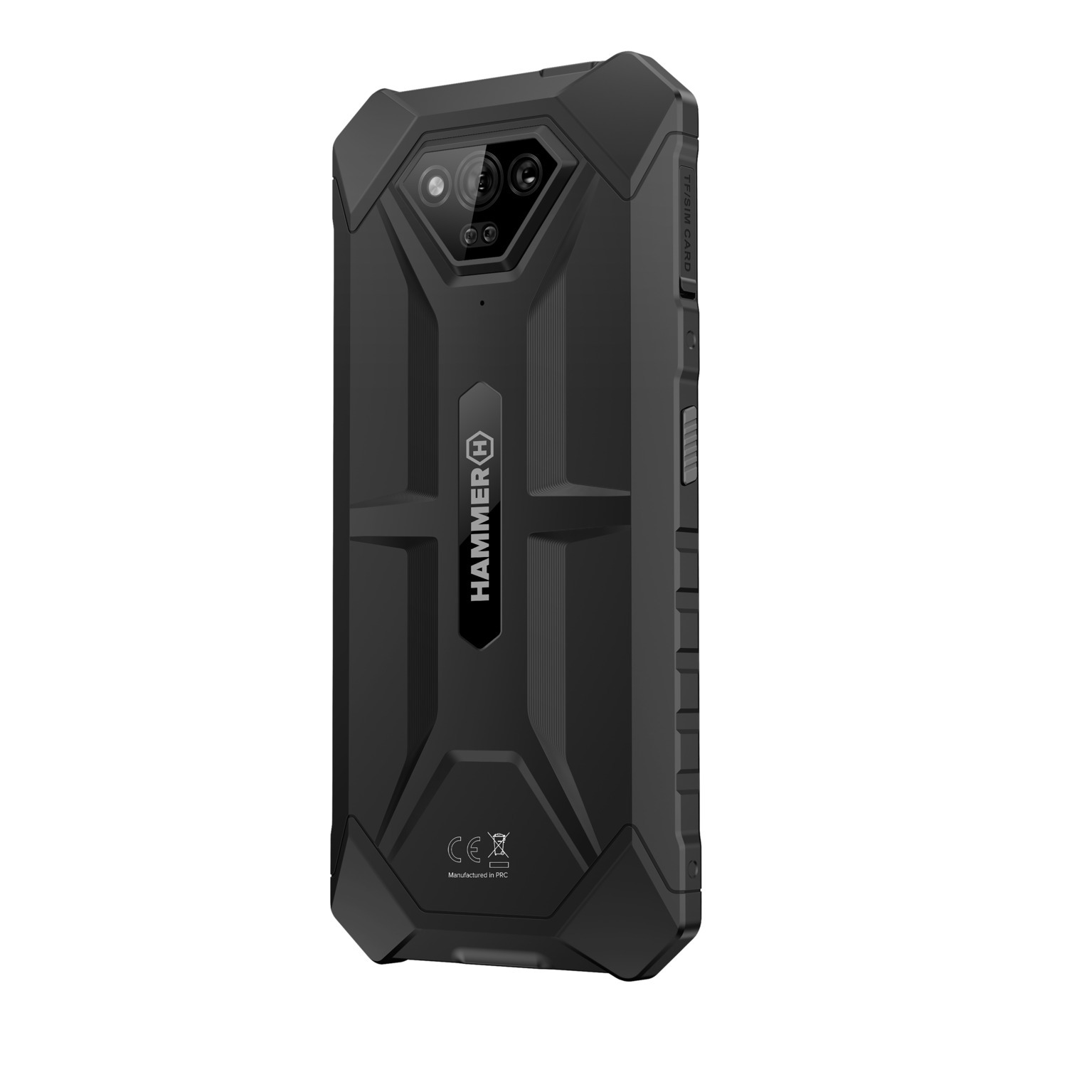 Zwarte, robuuste smartphone. Het heeft een gestructureerde achterkant, dubbele camera's aan de achterkant en een Hammer-logo.