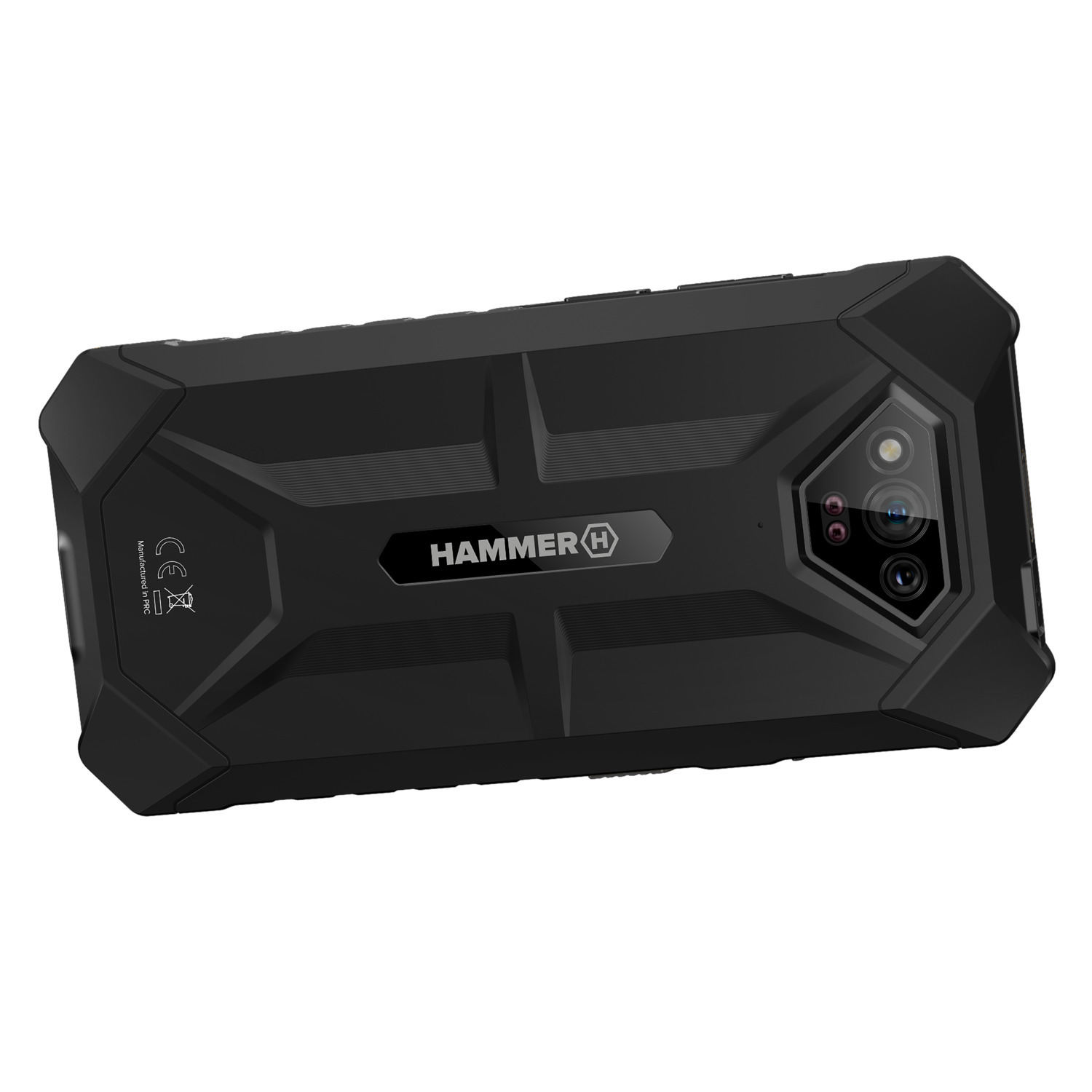 Een robuuste zwarte smartphone. Er zit een camera op de achterkant.