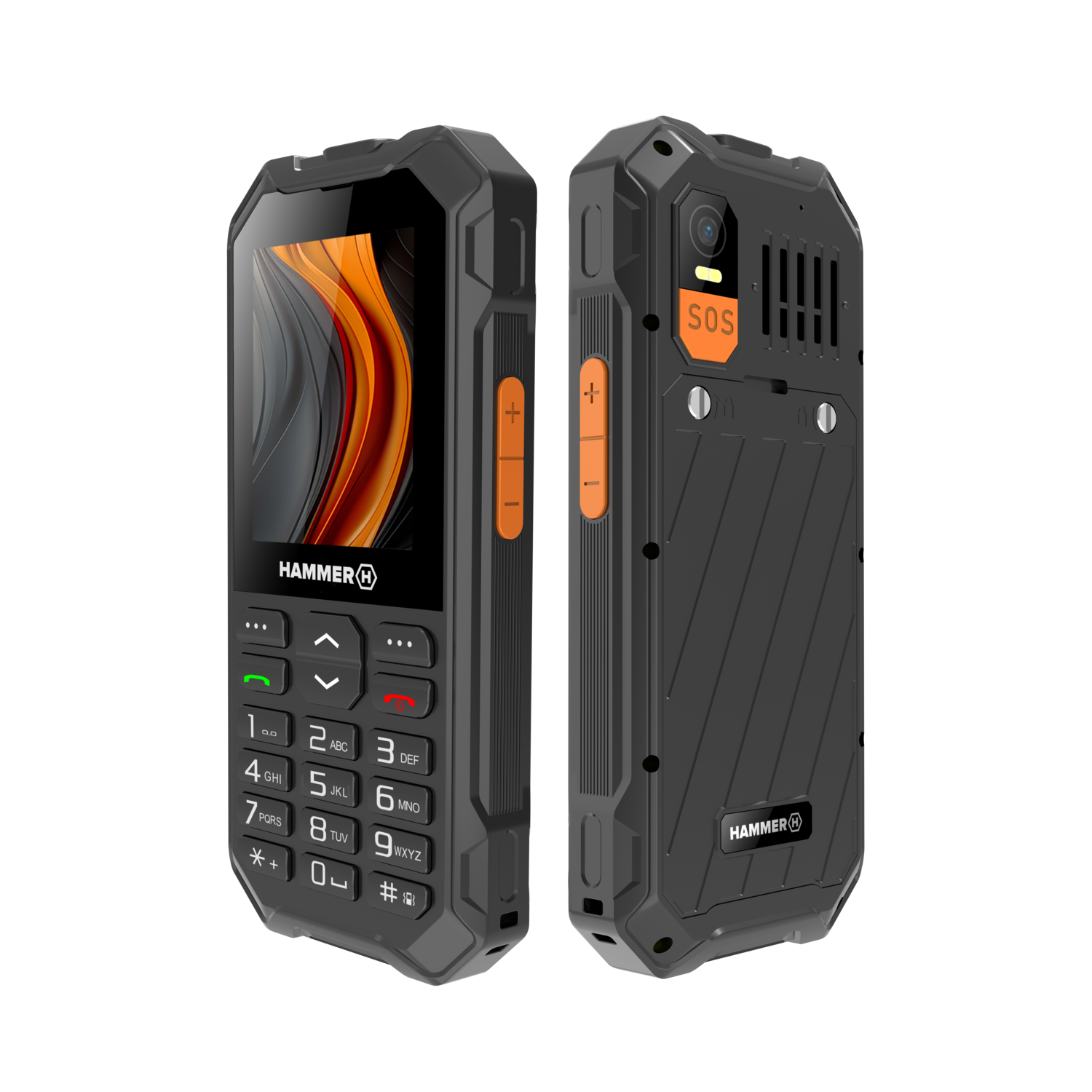 Robuuste zwarte mobiele telefoon met oranje knoppen en een numeriek toetsenbord.