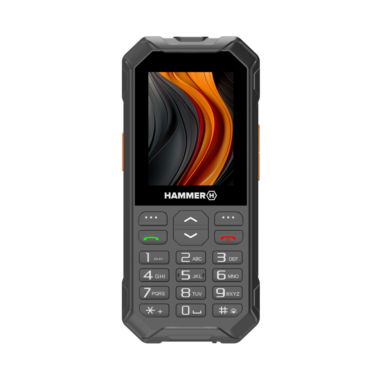 Een zwarte Hammer-telefoon, met een scherm dat een interface en knoppen weergeeft.