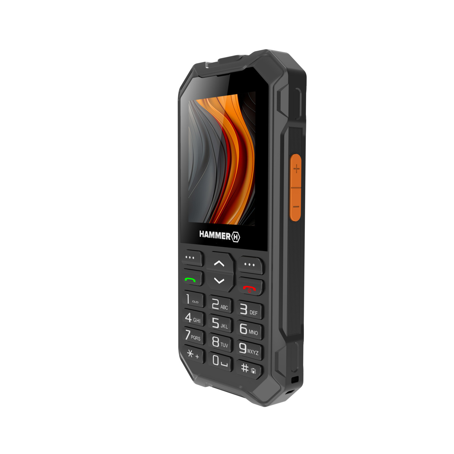 Zwarte robuuste telefoon met een scherm met een oranje en grijs ontwerp. Oranje knoppen aan de zijkant.