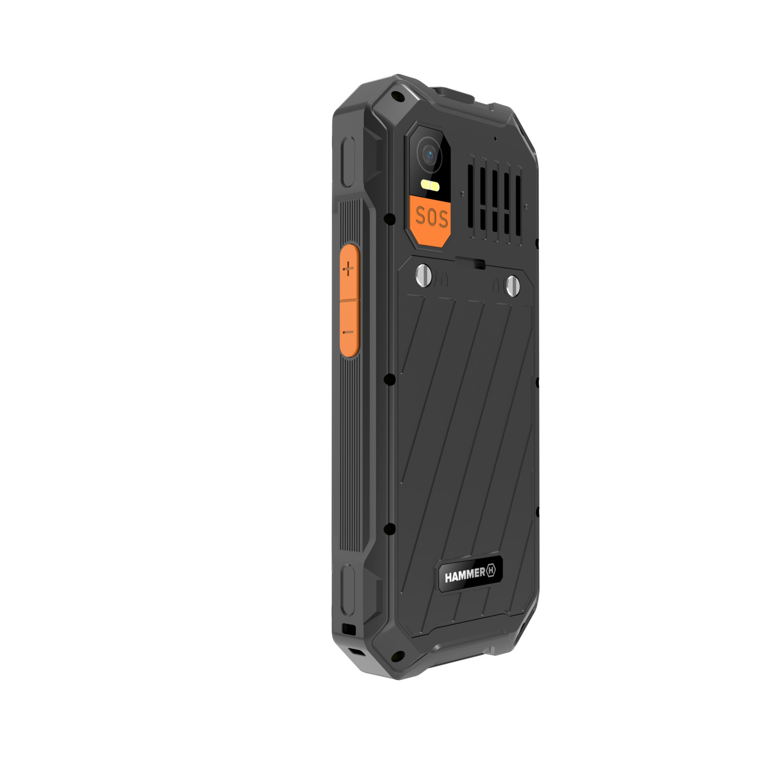 Zwarte robuuste telefoon met oranje accenten, SOS-knop en het merk "HAMMER".