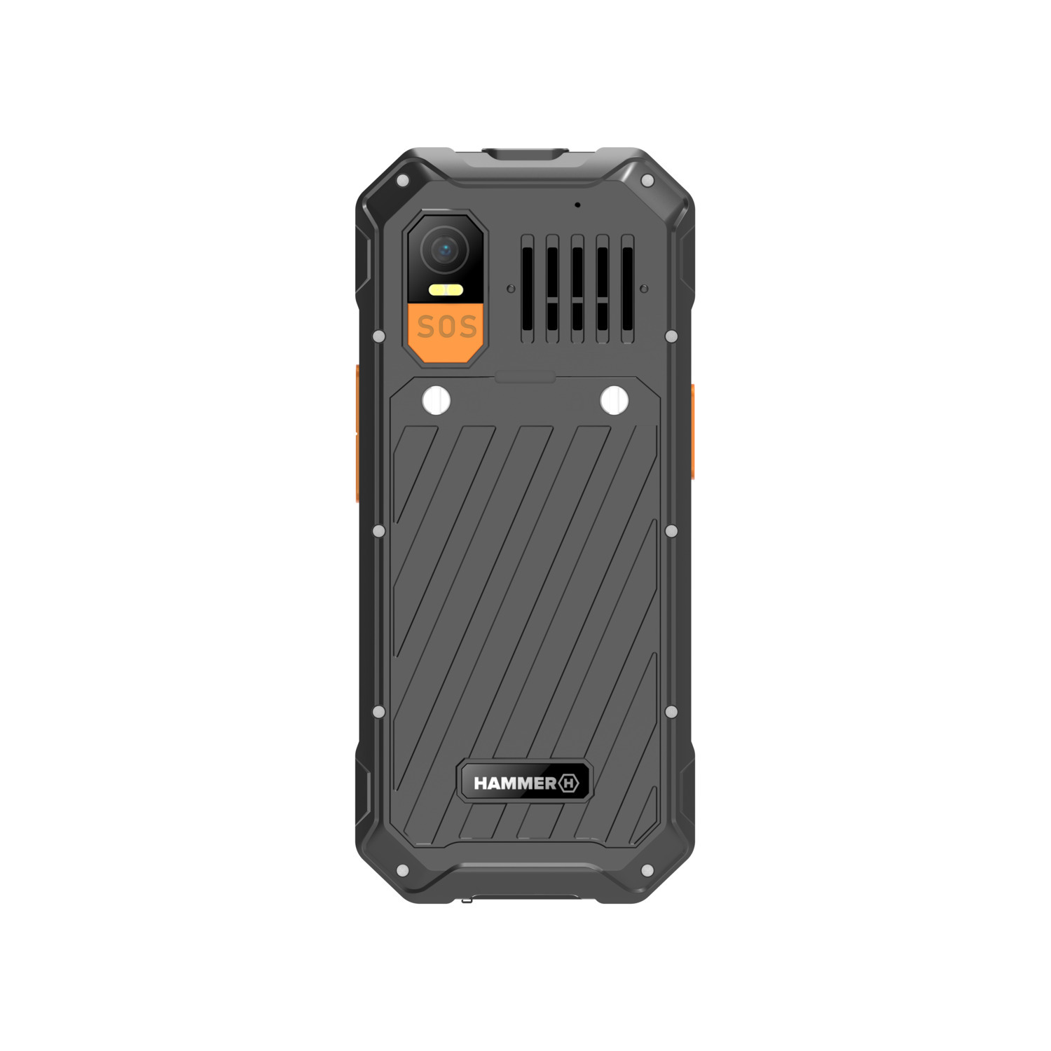 Duurzame zwarte telefoon met oranje accenten. SOS-knop aan de achterkant.