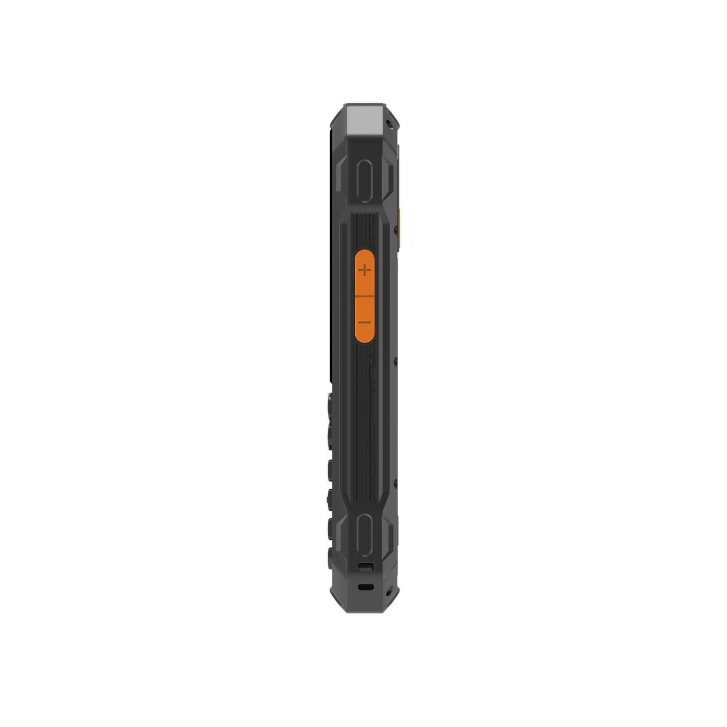 Zijaanzicht van een zwarte, robuuste smartphone met oranje knoppen op witte achtergrond.