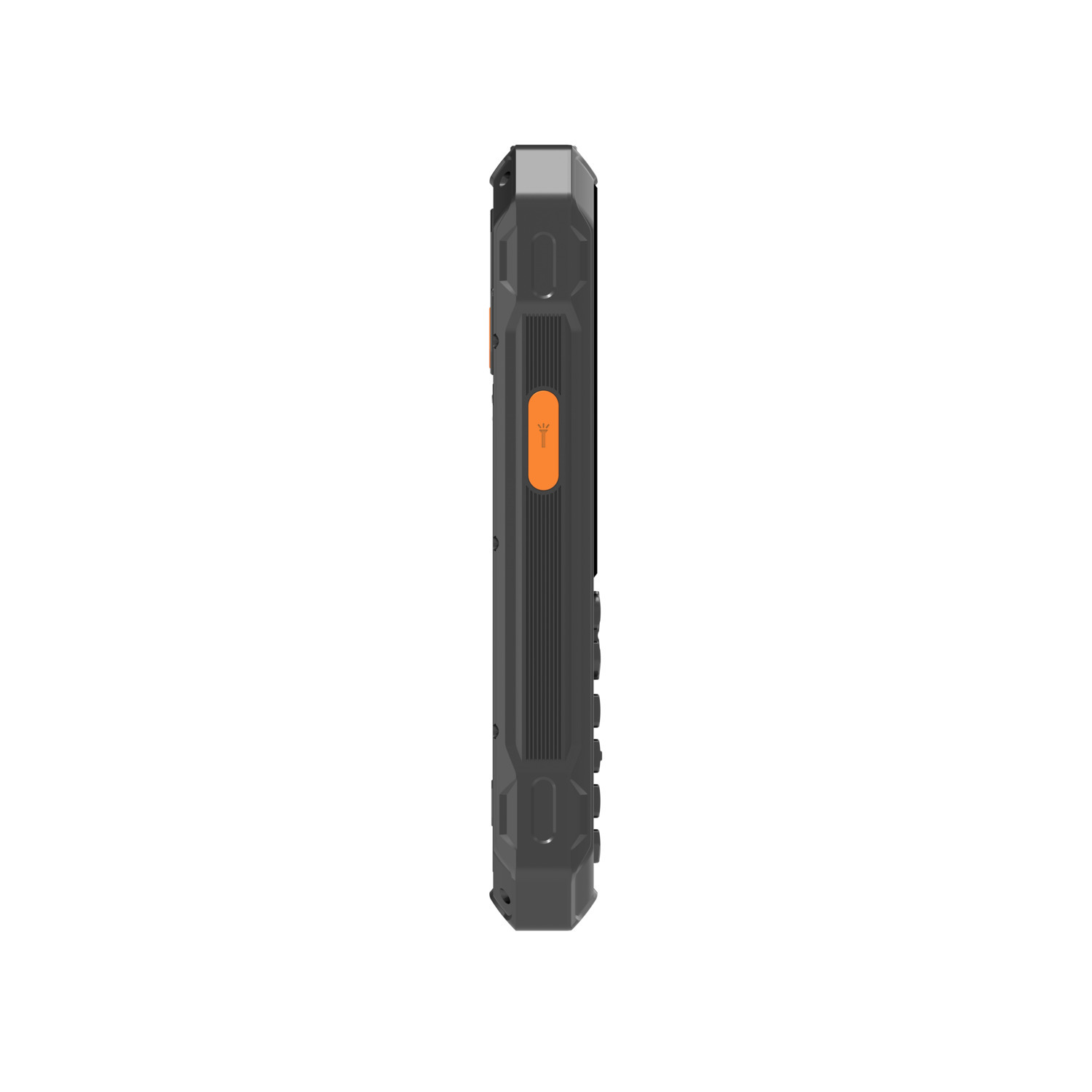 Robuuste smartphone zijaanzicht. Zwart, oranje accent. Knoppen zichtbaar.