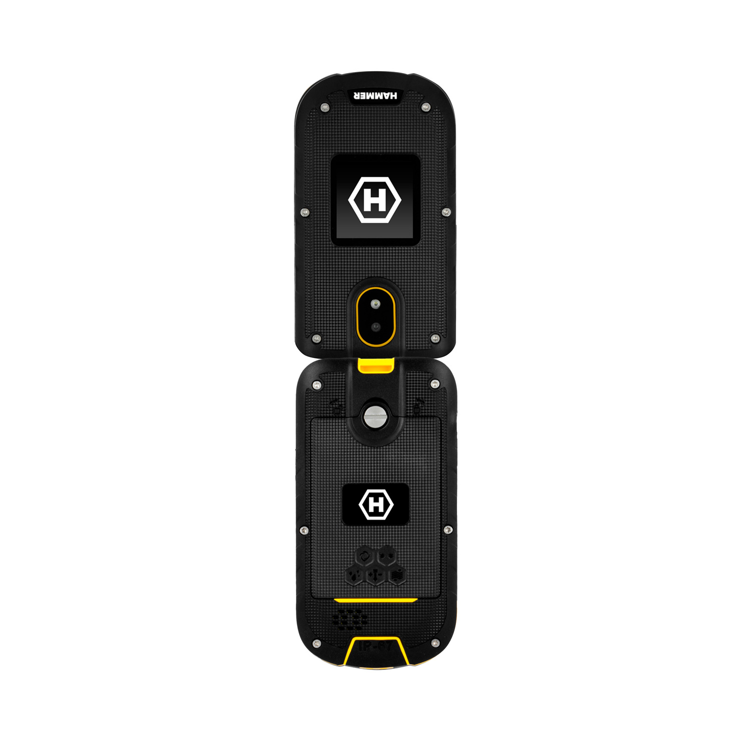 Black and yellow flip phone, open and showing the screen and keypad.