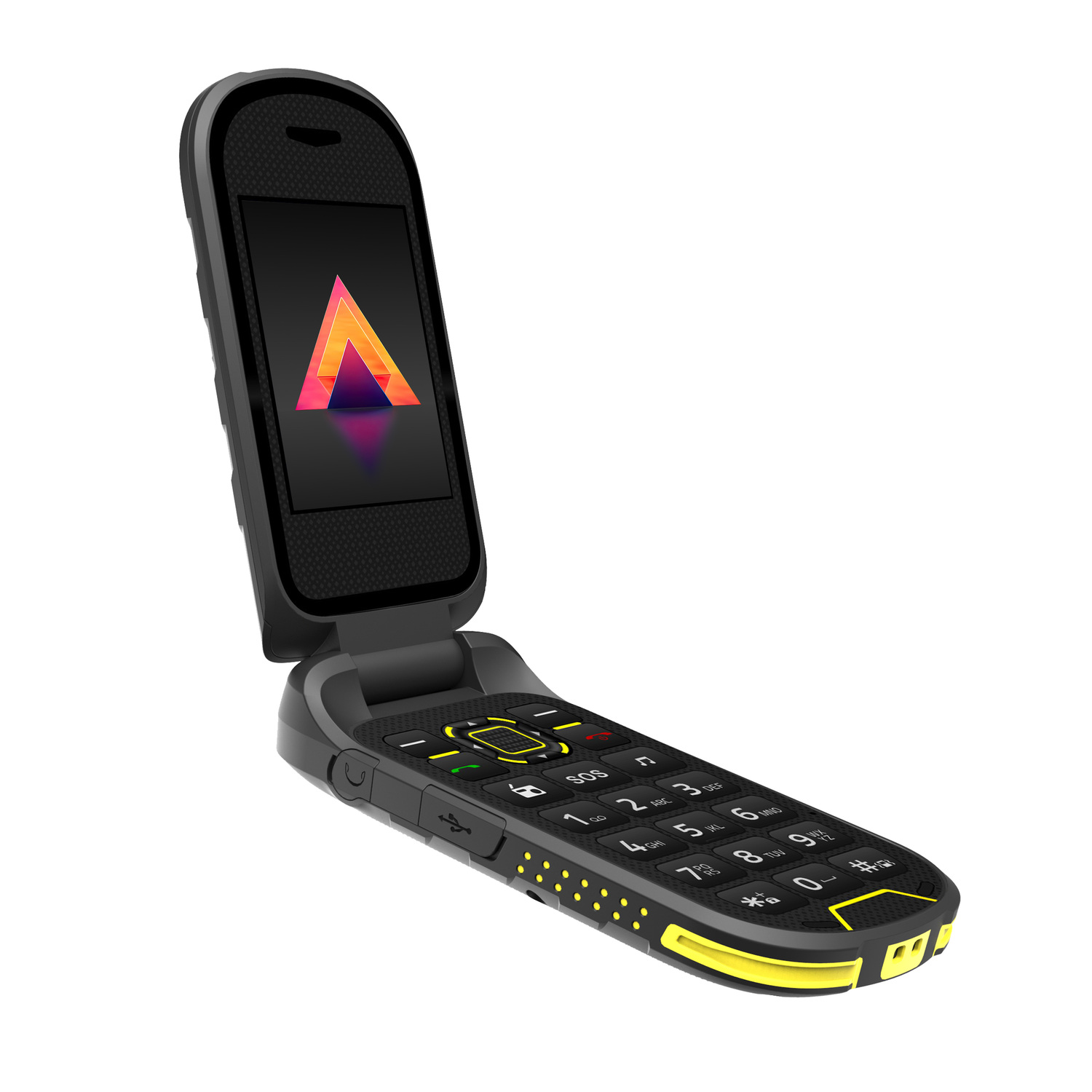 Black flip phone with open screen showing a triangle logo. Yellow accents on the buttons.