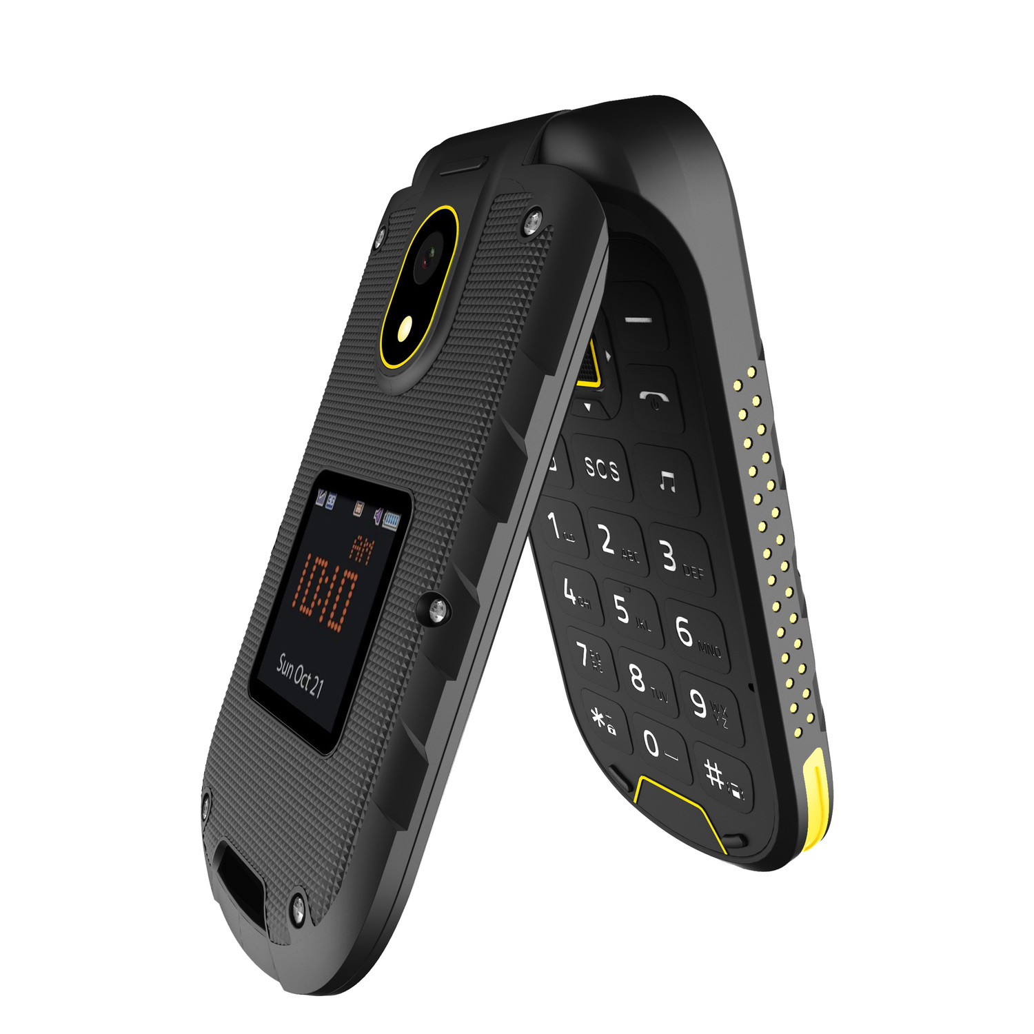A black and yellow flip phone, open and angled.