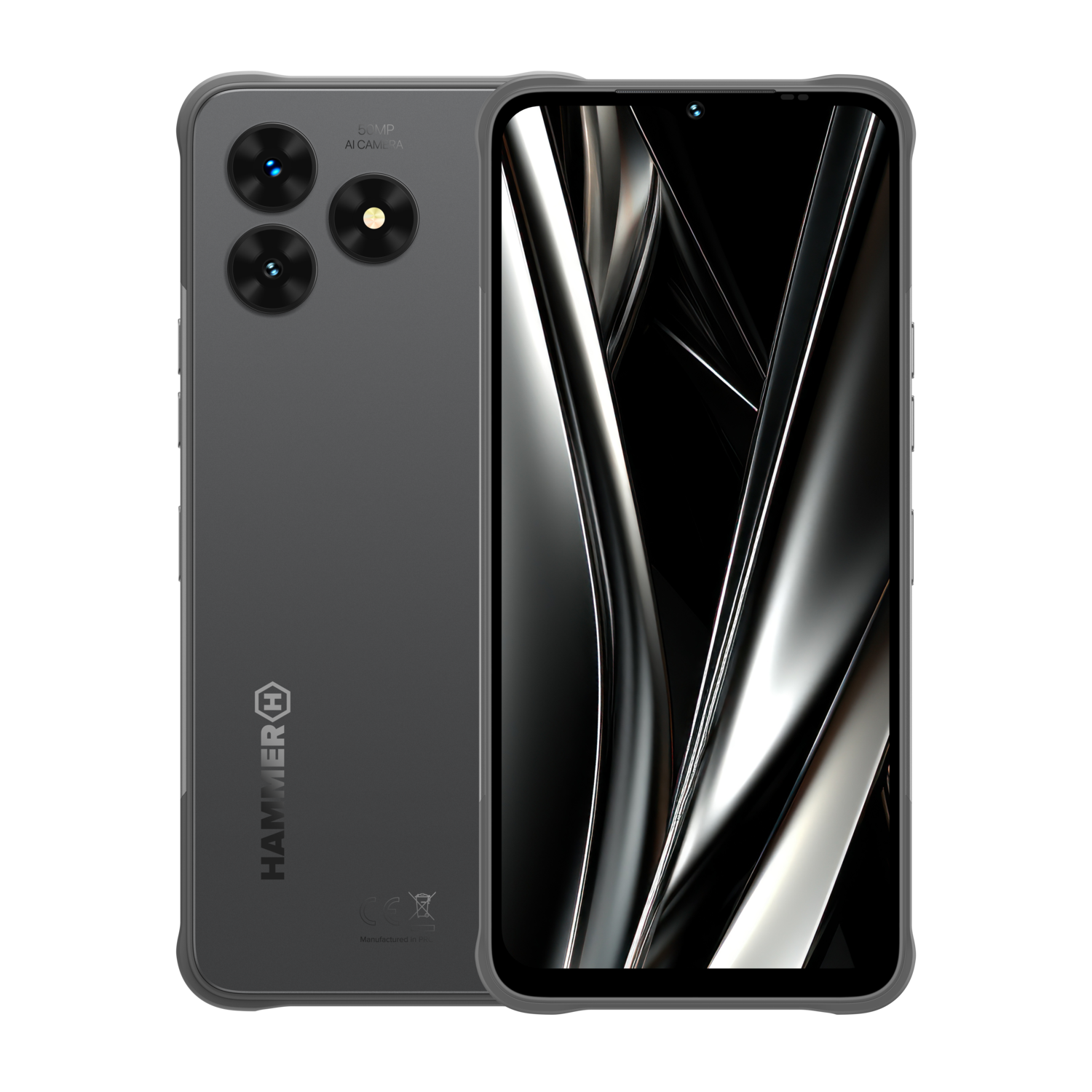Grijze Hammer telefoon, achter- en voorkant getoond. Achterkant heeft camera's. Voorkant is een scherm. Zwarte achtergrond.
