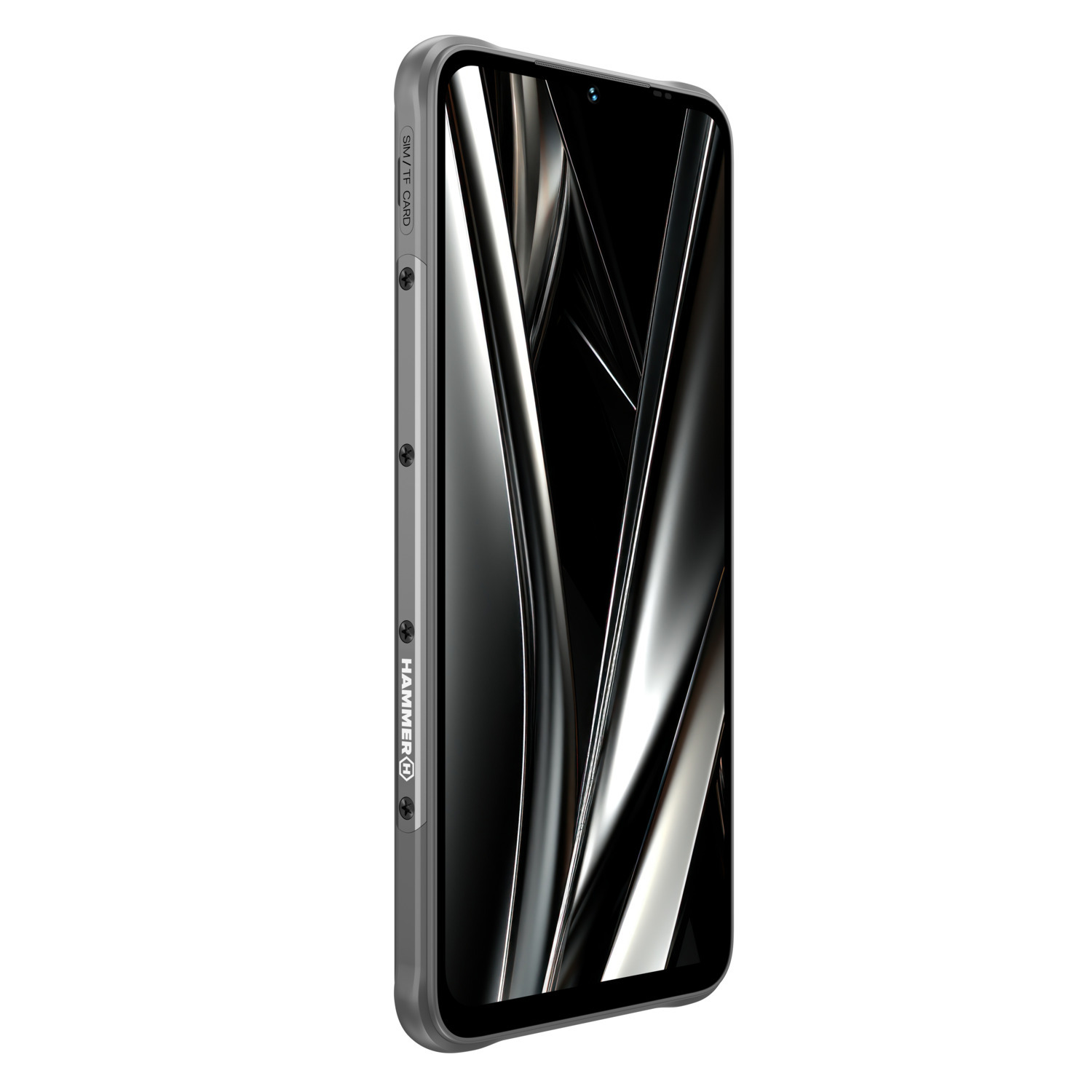 Hammer robuuste smartphone, grijs met zwarte accenten. Zijaanzicht, scherm aan, reflecterend patroon.
