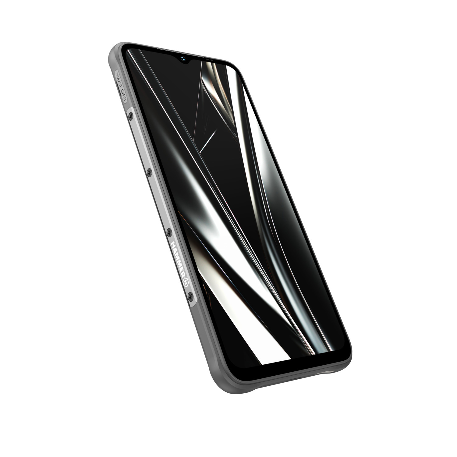 Een gekantelde grijze smartphone.