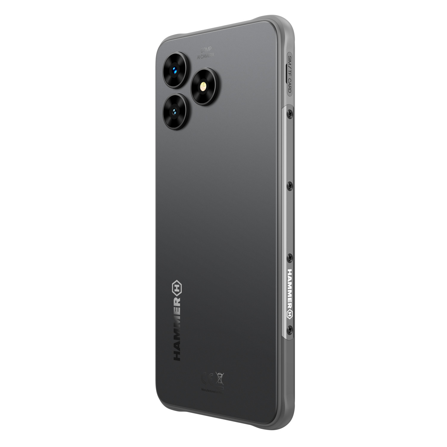 Een donkergrijze smartphone met drievoudige camera's en de naam HAMMER. De zijkant heeft knoppen.