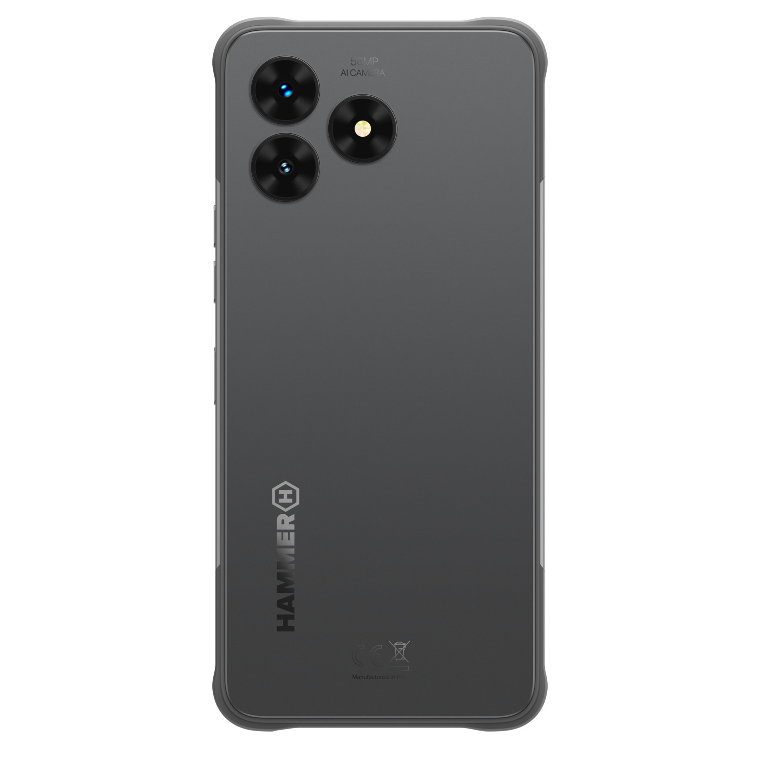 Een donkergrijze smartphone met drie camera's aan de achterkant. De merknaam is HAMMER H.