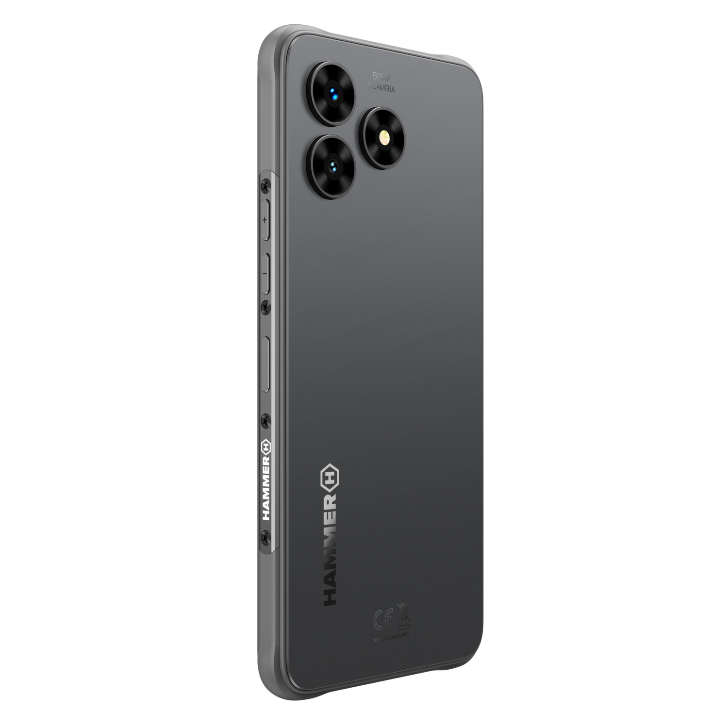 Een grijze smartphone wordt van achteren getoond. Het heeft drie camera's en een zwart frame met het HAMMER-logo.