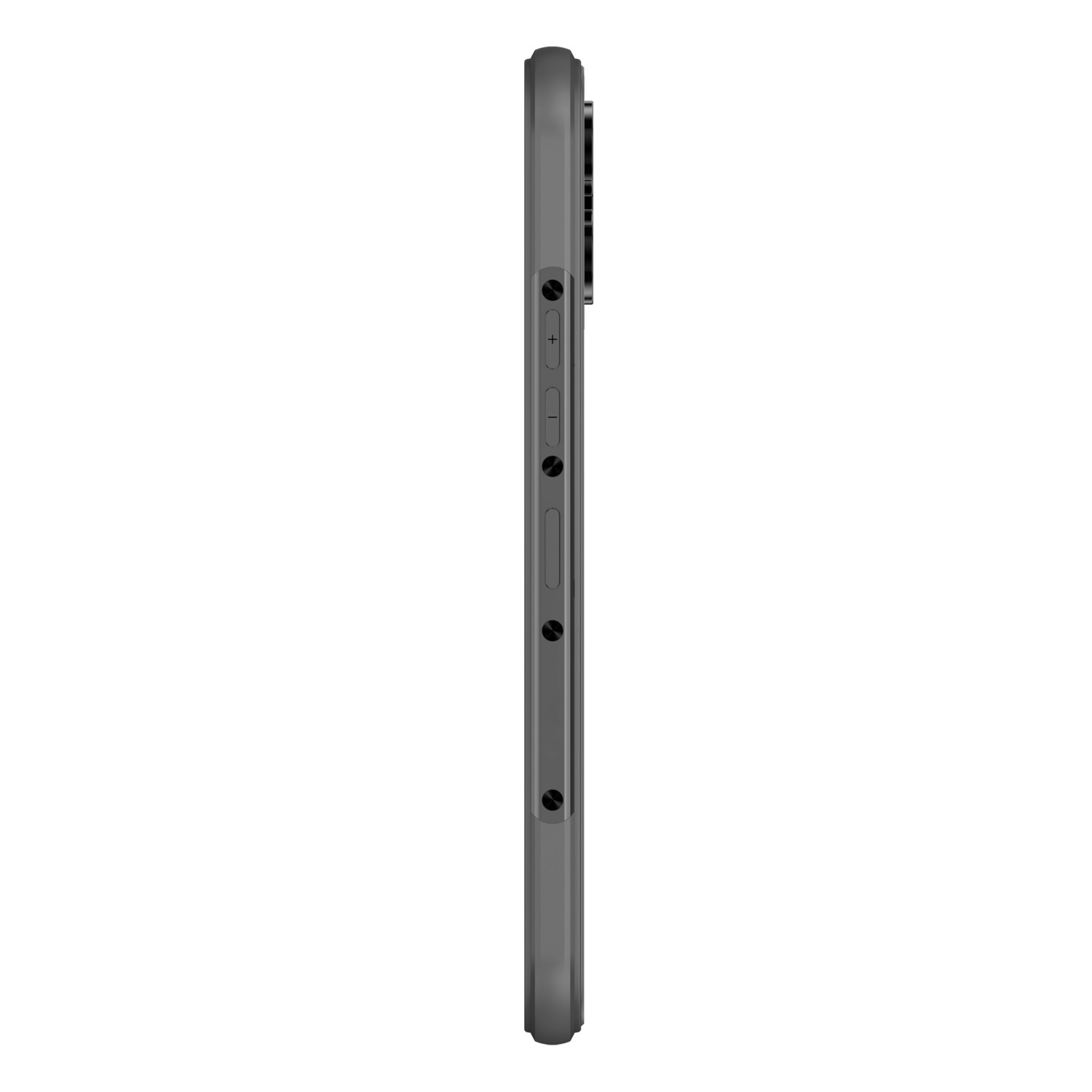 Zijaanzicht van een zwarte telefoon met knoppen aan de zijkant, tegen een witte achtergrond.