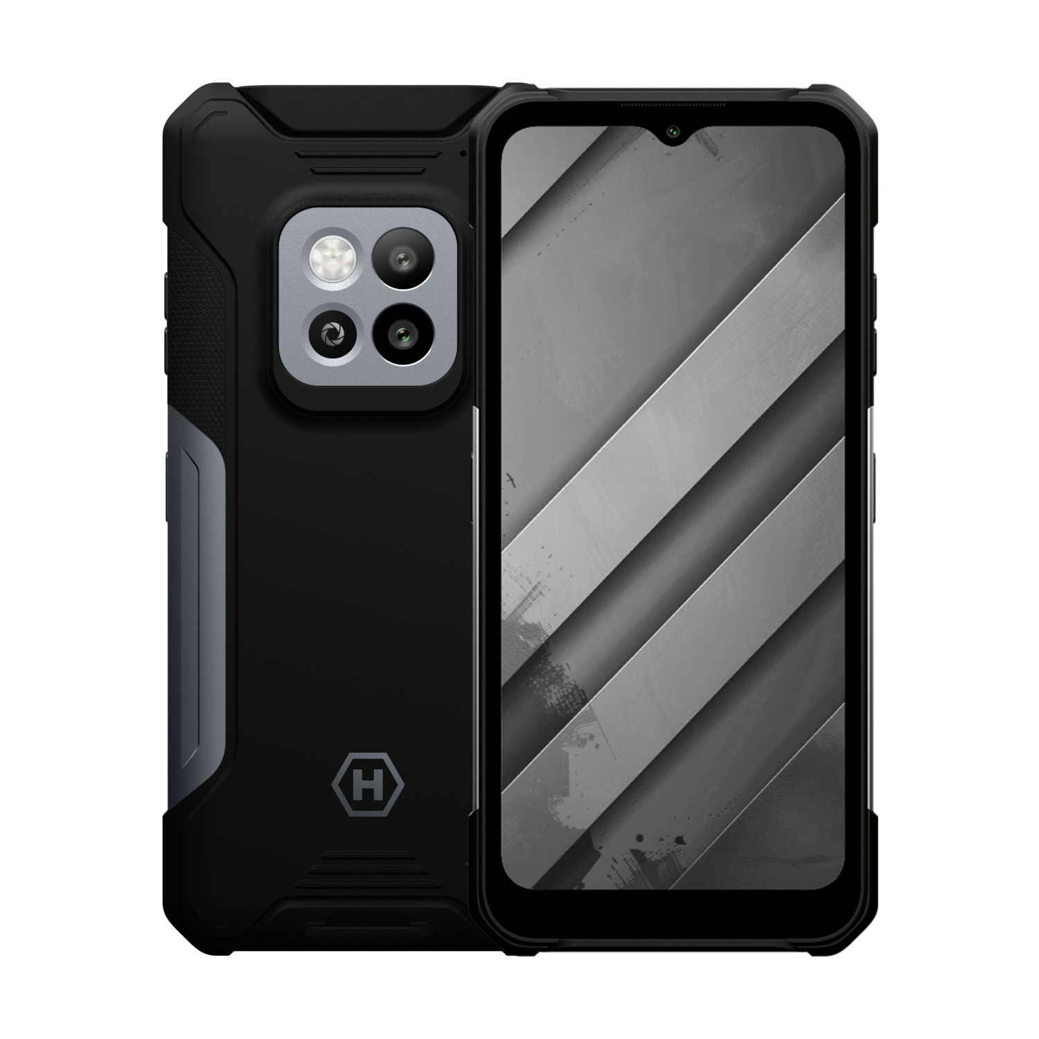 Smartphone robuste noir, double caméra, accents métalliques et grand écran.