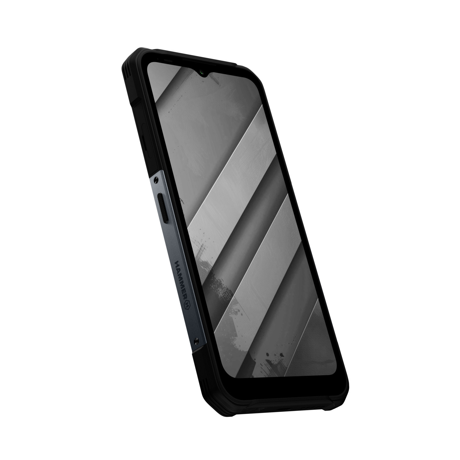 Smartphone noir avec dos texturé noir et gris.