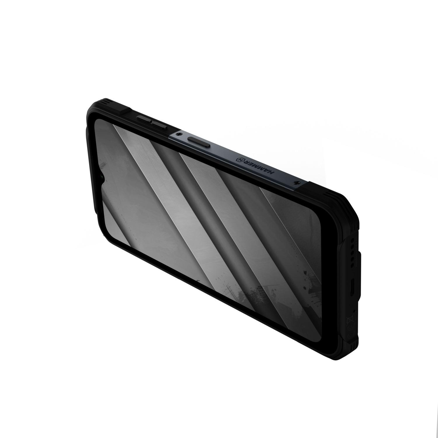 Téléphone noir avec écran sombre, montrant des lignes diagonales. Le téléphone a un boîtier robuste.
