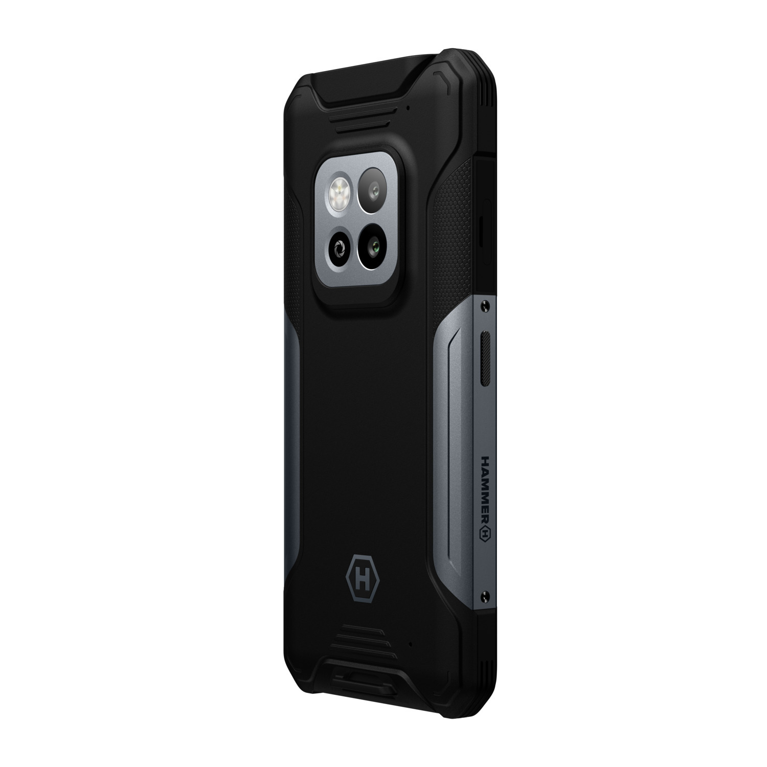 Vue arrière d'un smartphone noir robuste avec trois caméras et un accent argenté.