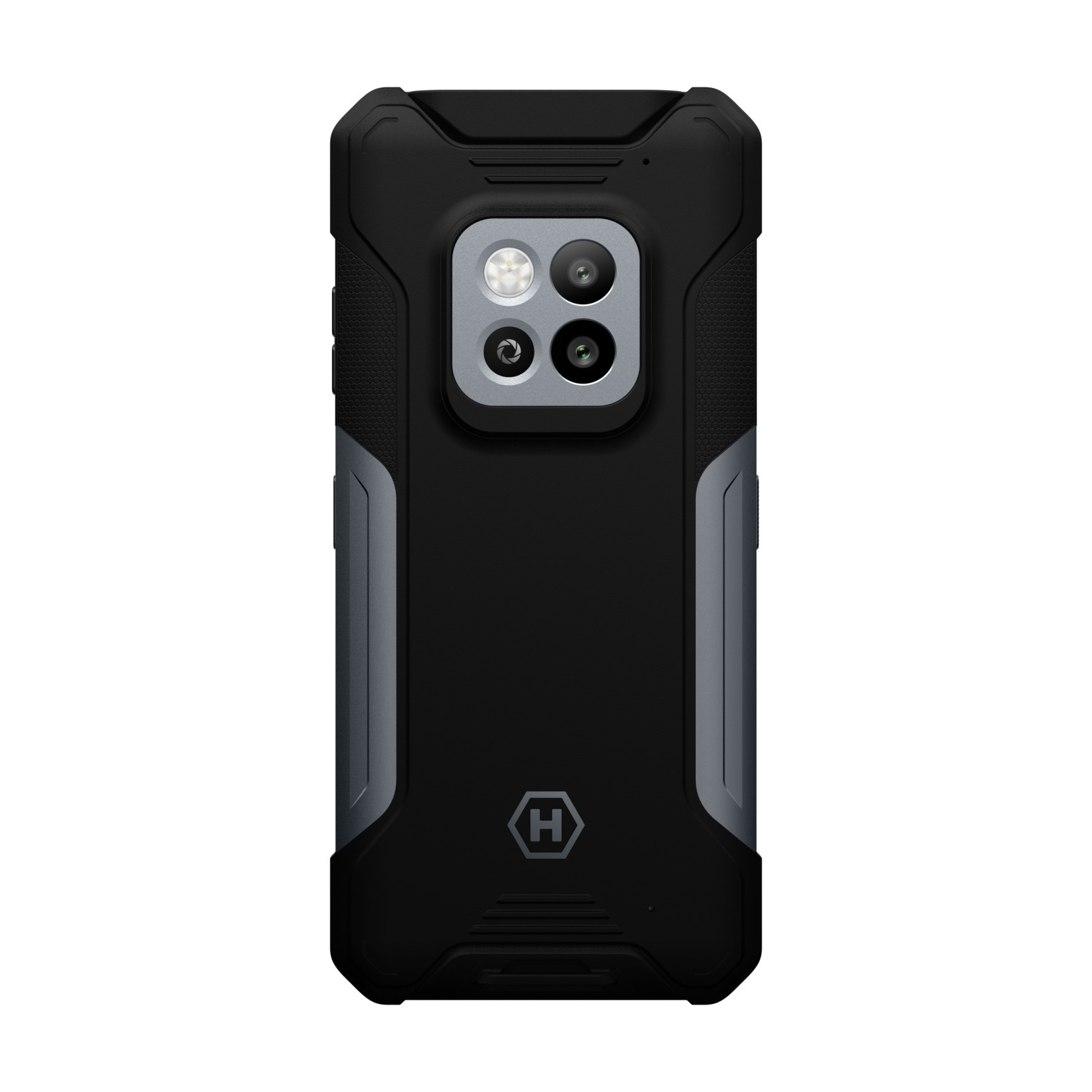 Smartphone robuste noir. Vue arrière. Configuration à triple caméra et accent gris métallique. Logo 'H' présent.