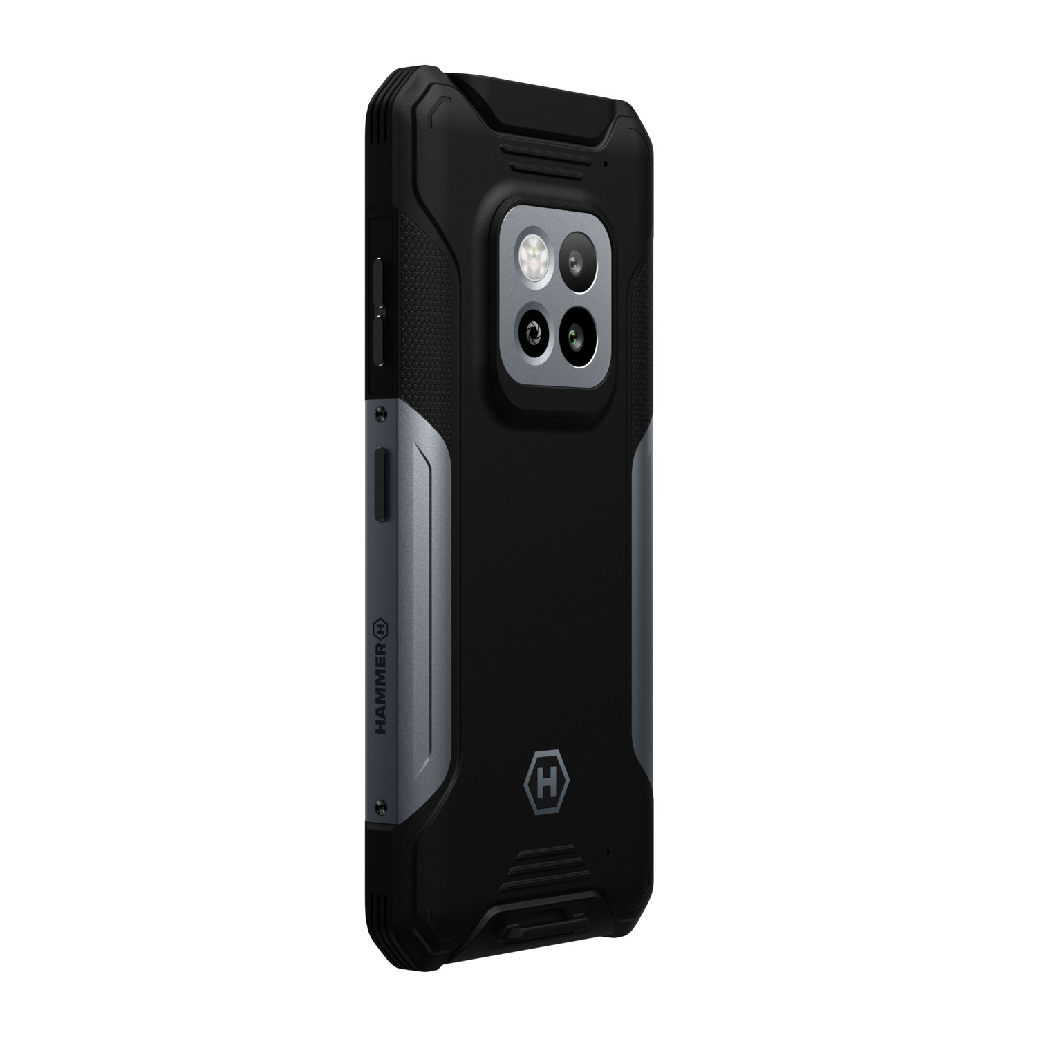 Coque de smartphone noire. L'étui a un design noir et gris avec une triple caméra et le logo Hammer.