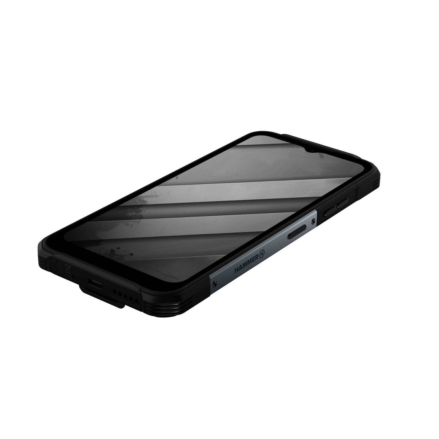 Smartphone noir avec un cadre noir et gris. L'écran affiche un motif en dégradé.