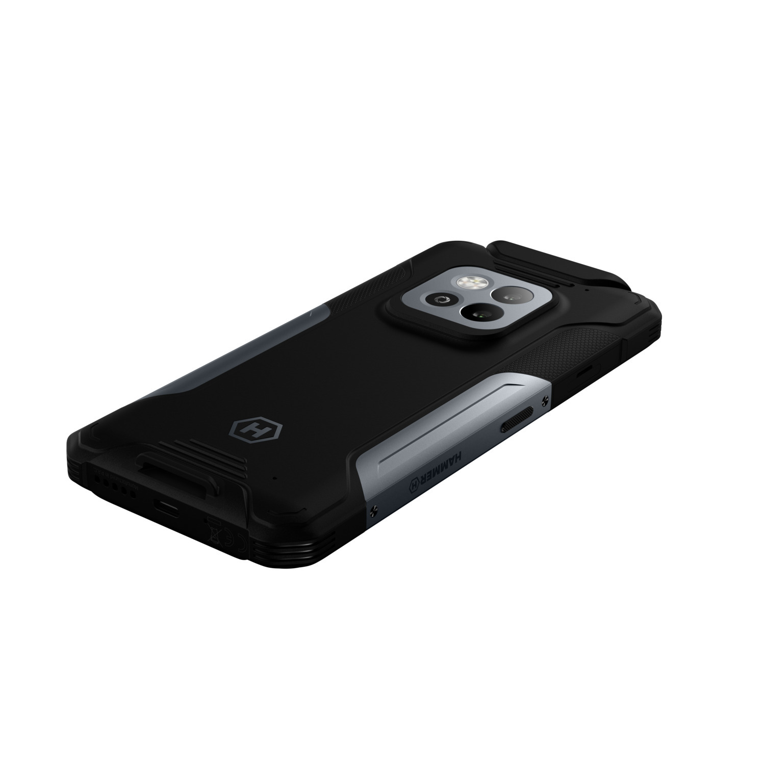 Un smartphone noir est présenté de dos. Il possède une coque de protection noire et grise avec le logo HAMMER.