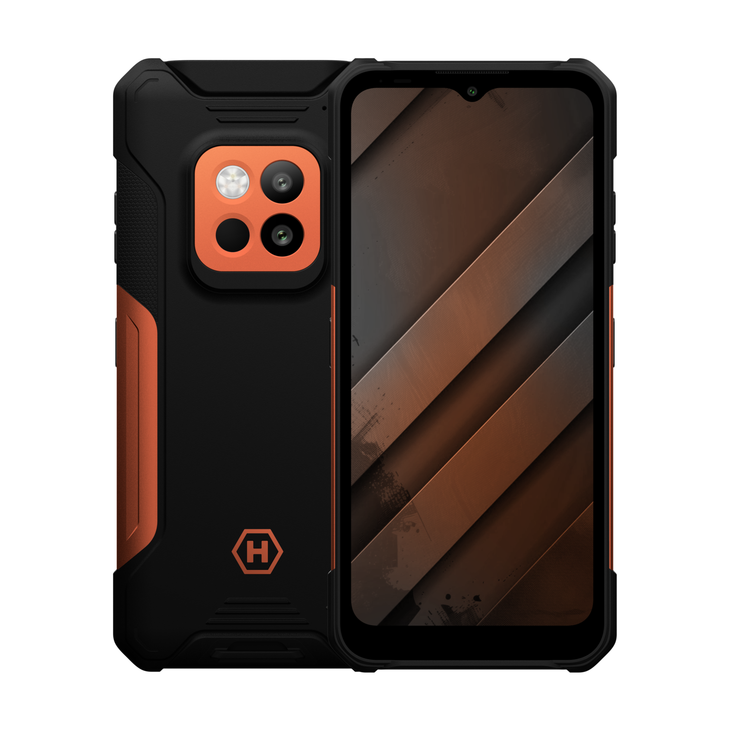 Smartphone robuste. Couleurs noir et orange. Arrière avec caméras, avant avec écran.