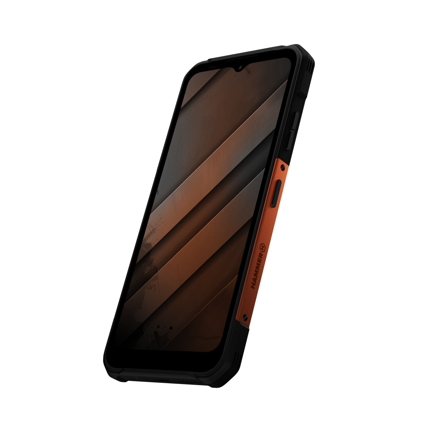 Un smartphone robuste noir et orange.