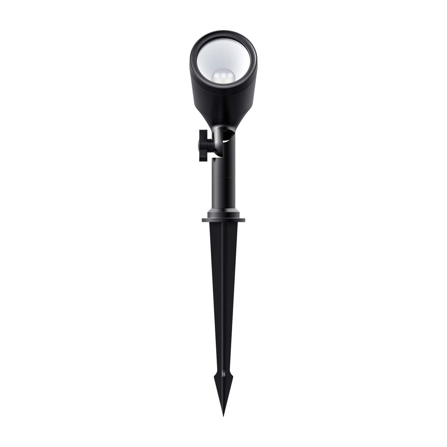 Black outdoor spotlight with a spike base, isolated on a white background.