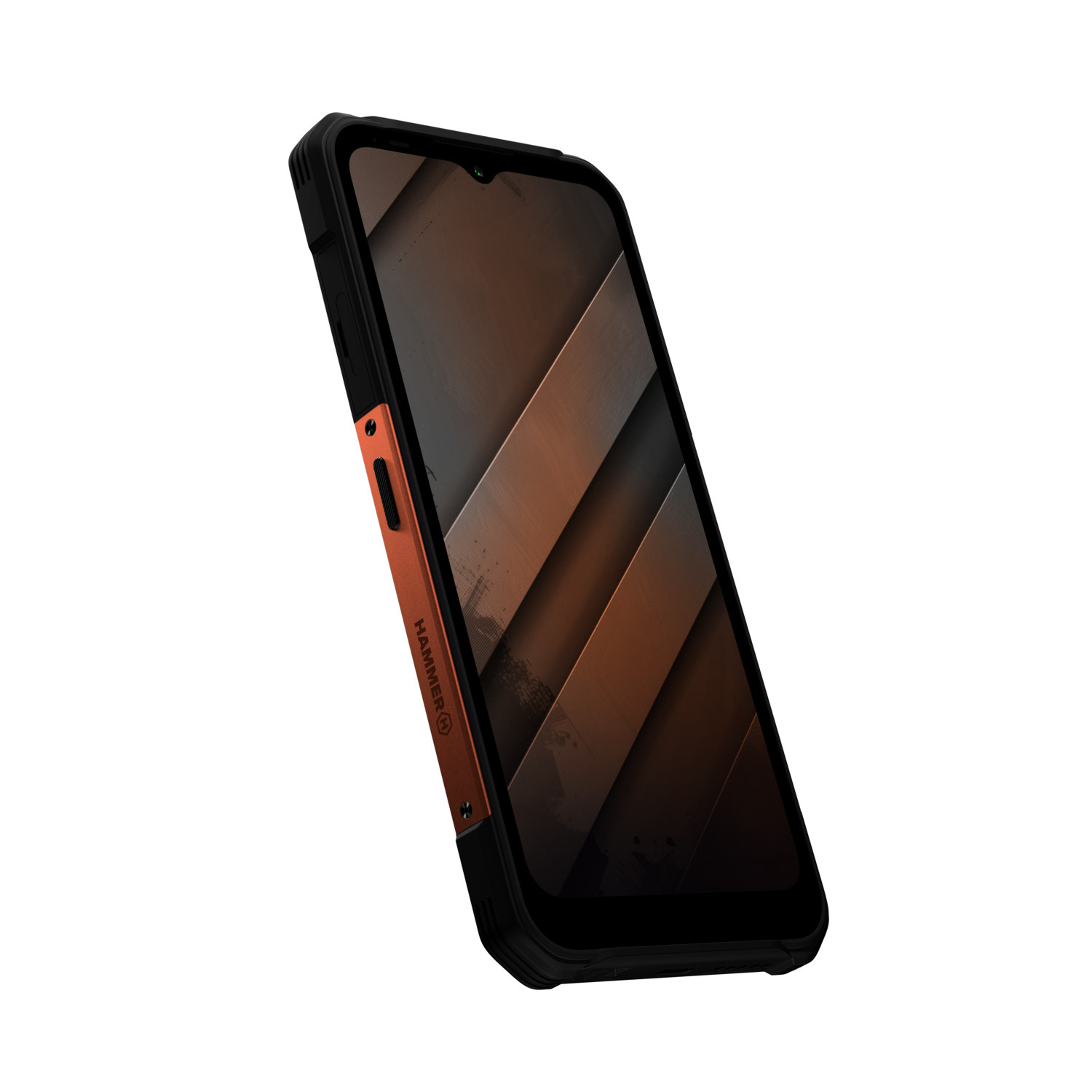 Smartphone noir et orange. Vue en angle. Écran noir et bouton latéral orange.