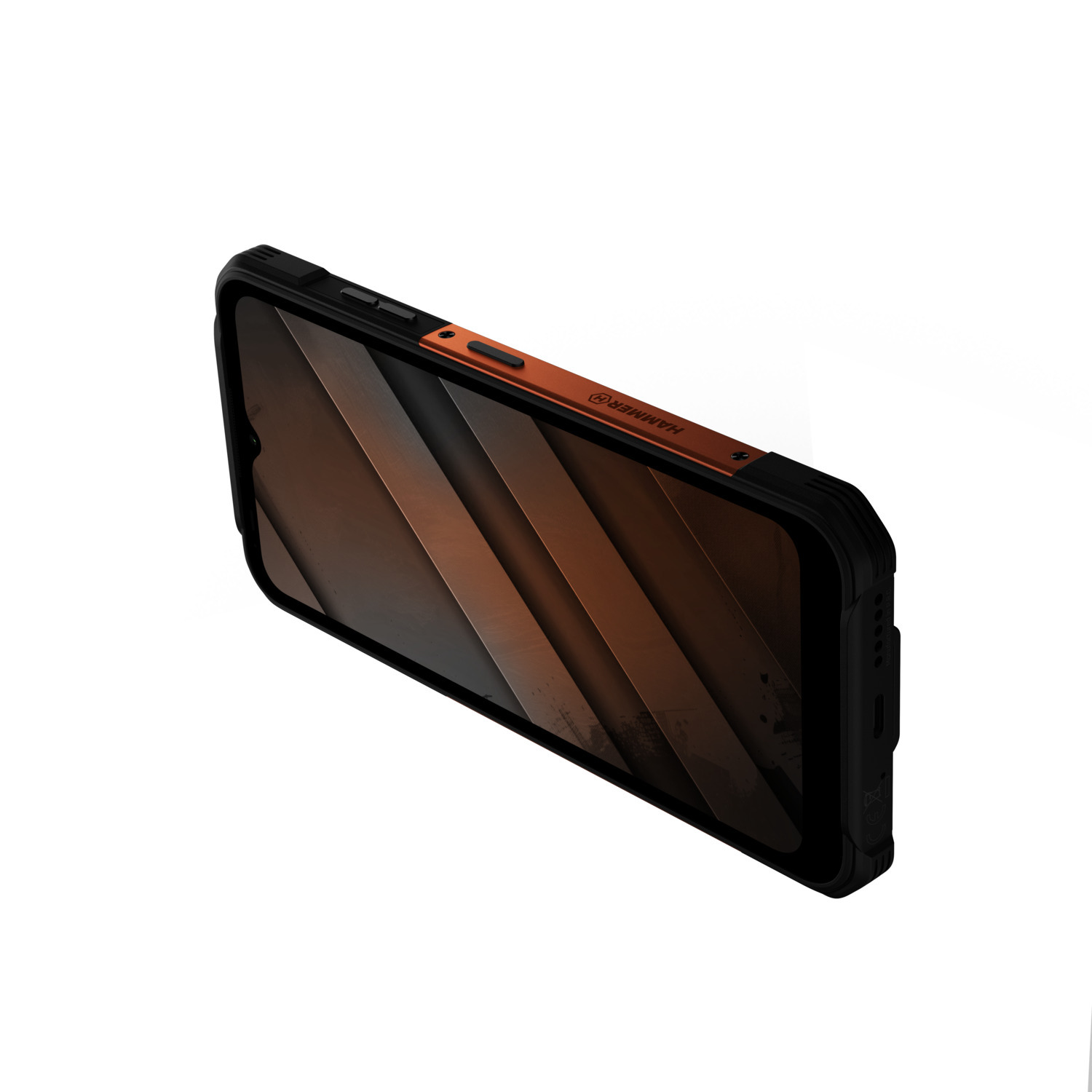 Un smartphone noir et orange. L'écran affiche une image floue. Le logo Hammer est visible.