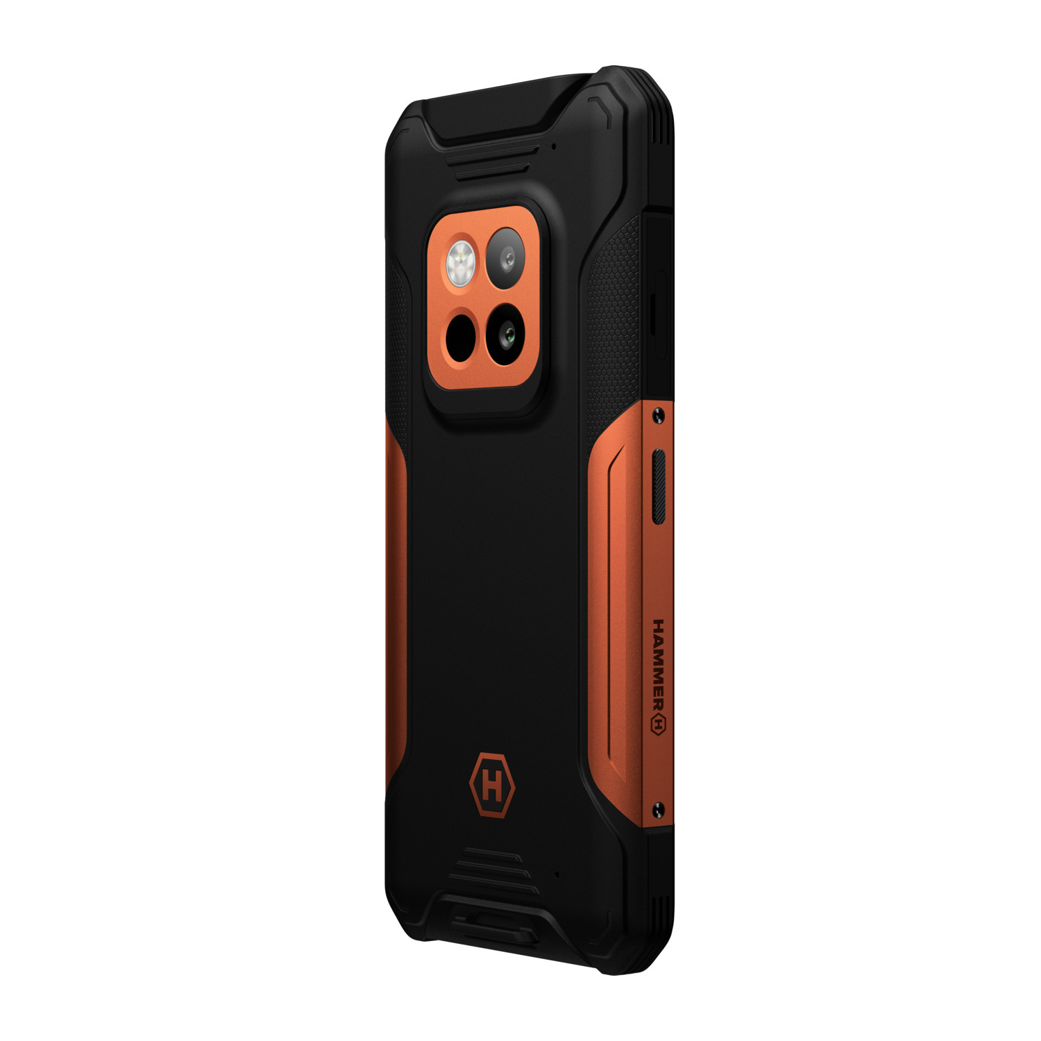 Smartphone robuste noir et orange, vue arrière, avec objectifs et logo Hammer.