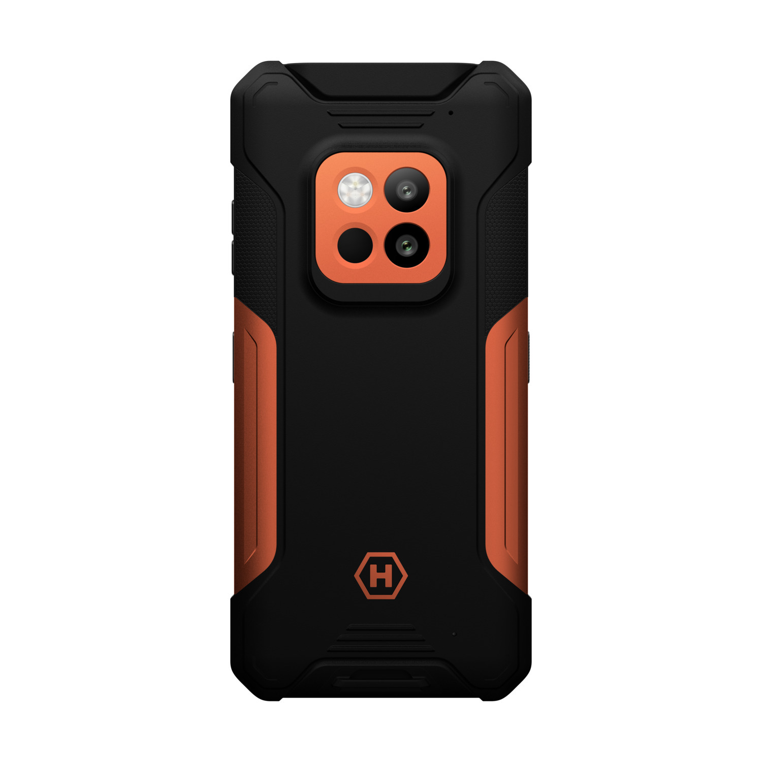 Téléphone robuste noir et orange. L'arrière possède plusieurs caméras et un logo.