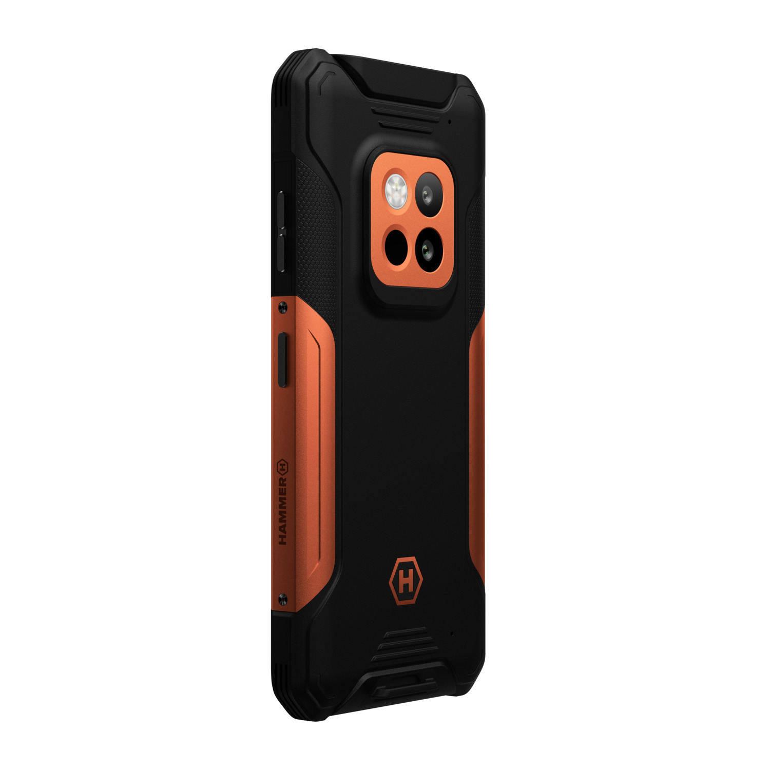 Coque de téléphone résistante noire et orange avec plusieurs objectifs.