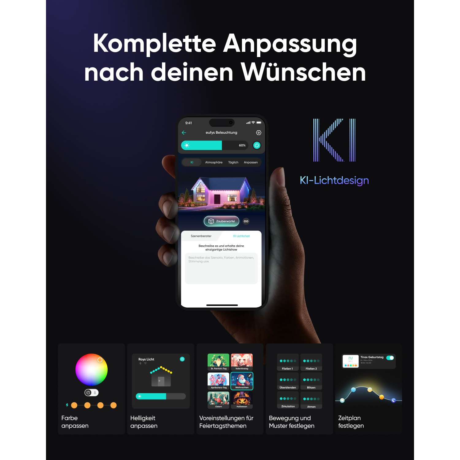 A smartphone displaying a home automation app interface with customizable lighting options.