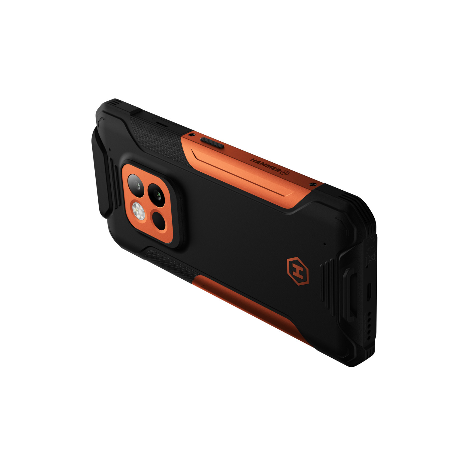 Téléphone robuste noir et orange avec trois caméras arrière.