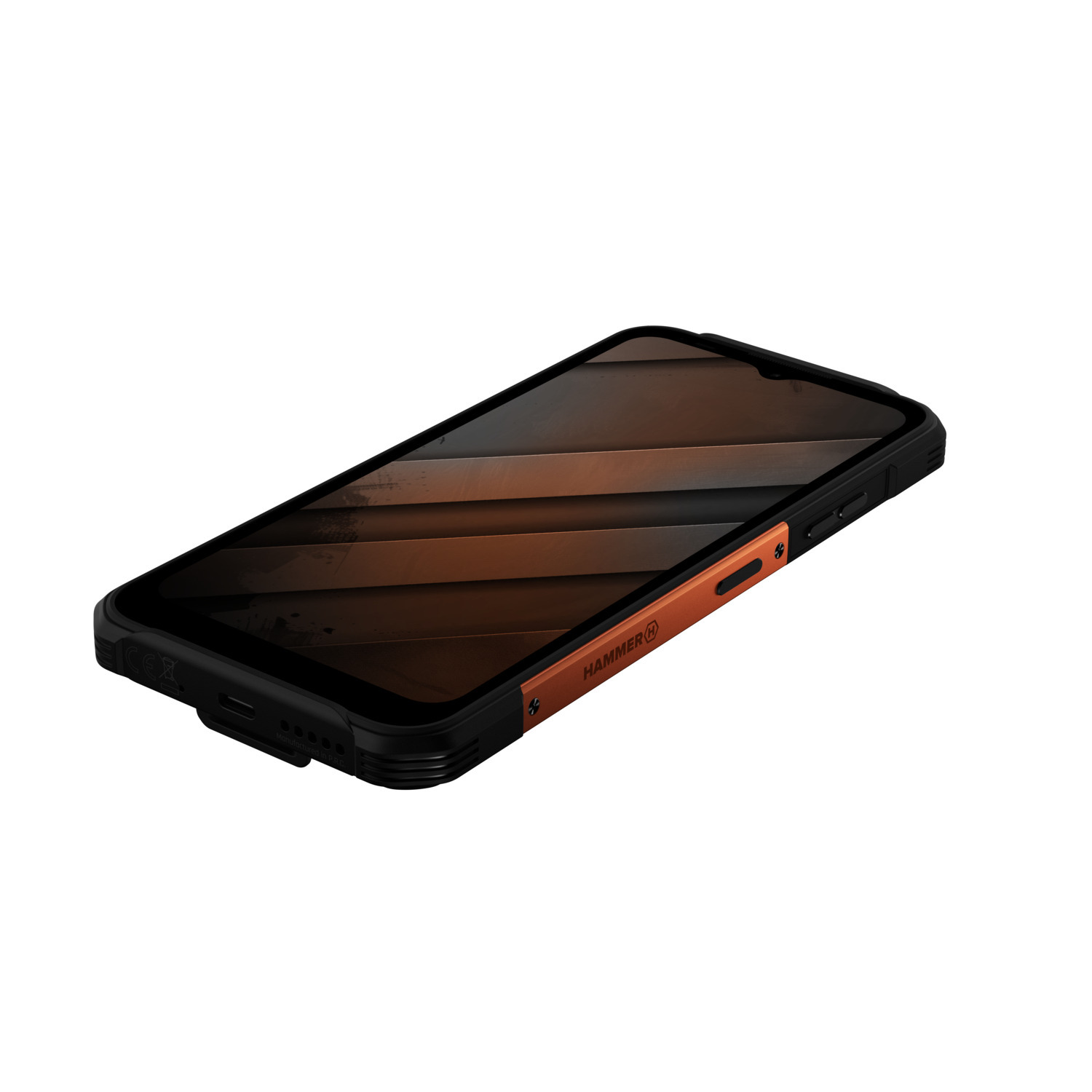 Un smartphone noir au design robuste, couché en biais, avec une texture bois sur l'écran.