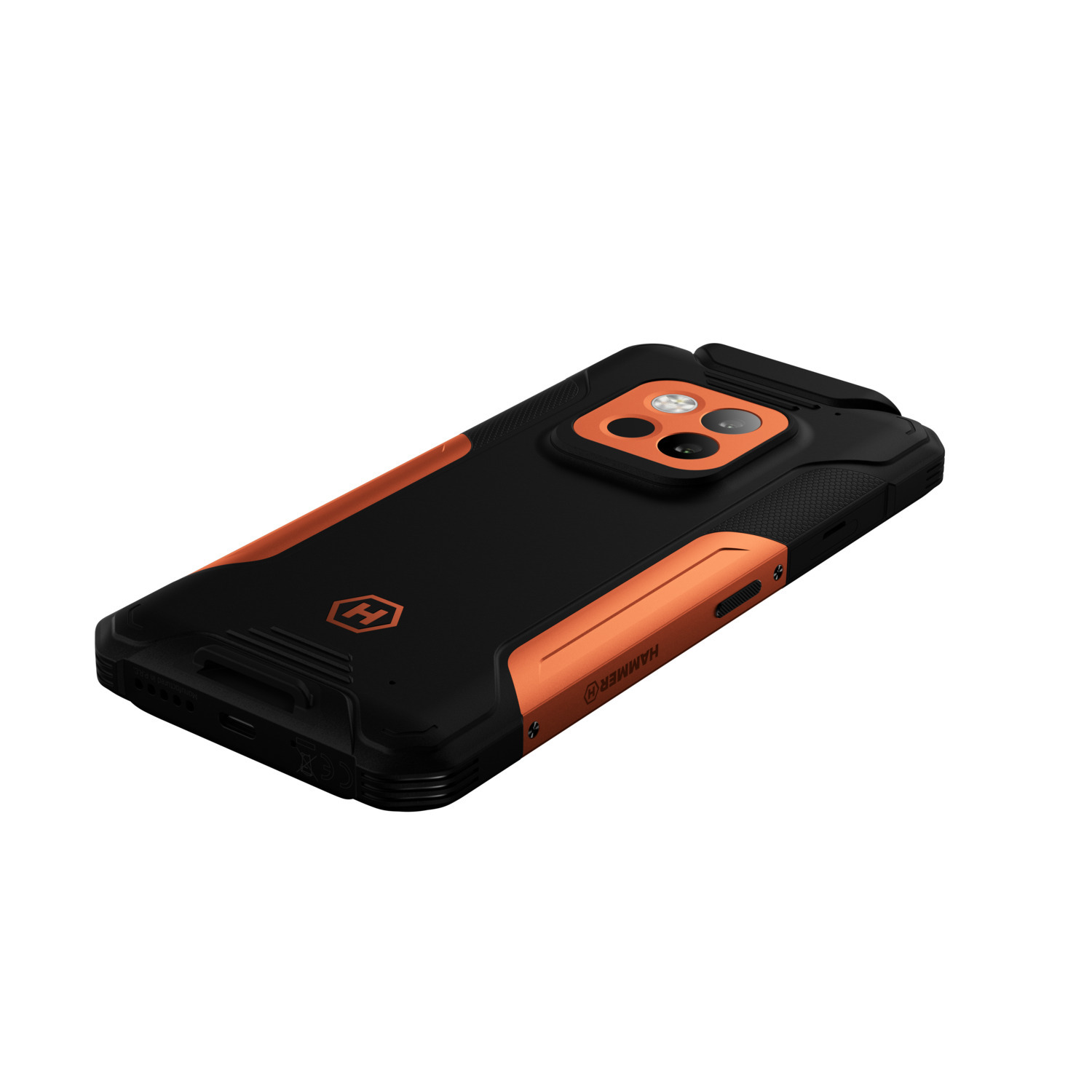 Coque de téléphone noire et orange. La coque couvre l'arrière du téléphone.