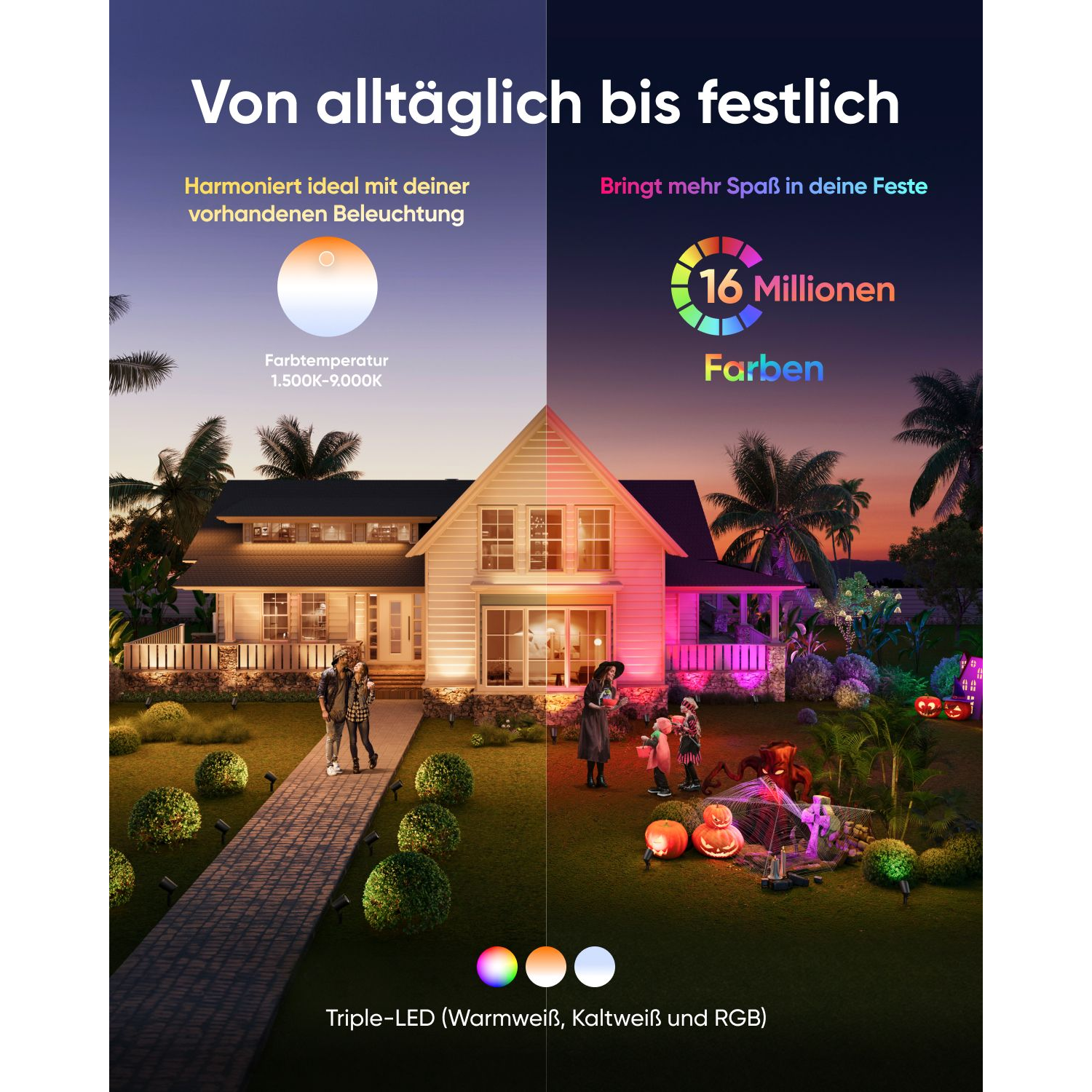 A colorful image of a house at night with lights, people, and text in German about lighting.