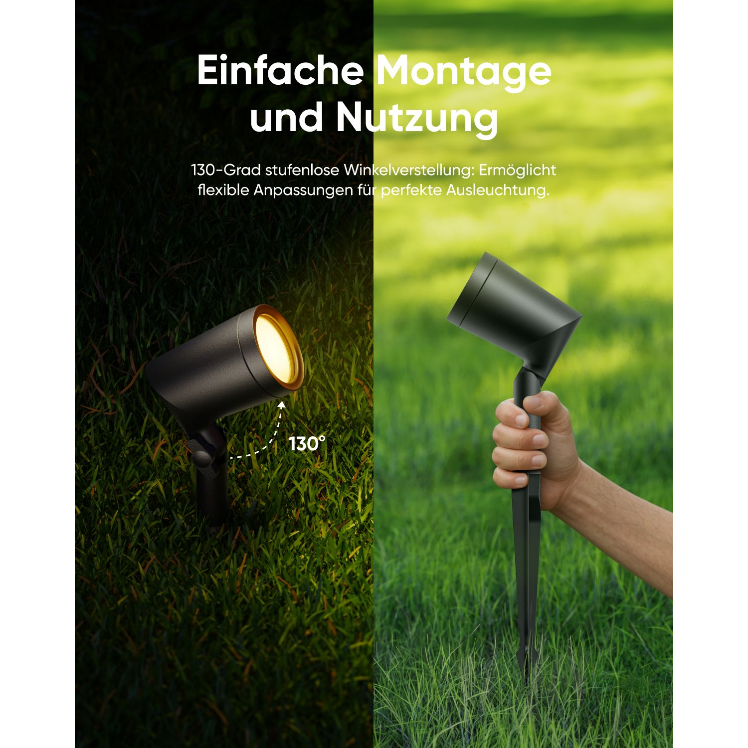 Two black spotlights illuminating grass. One is lit, showing light angle. Text in German is shown.
