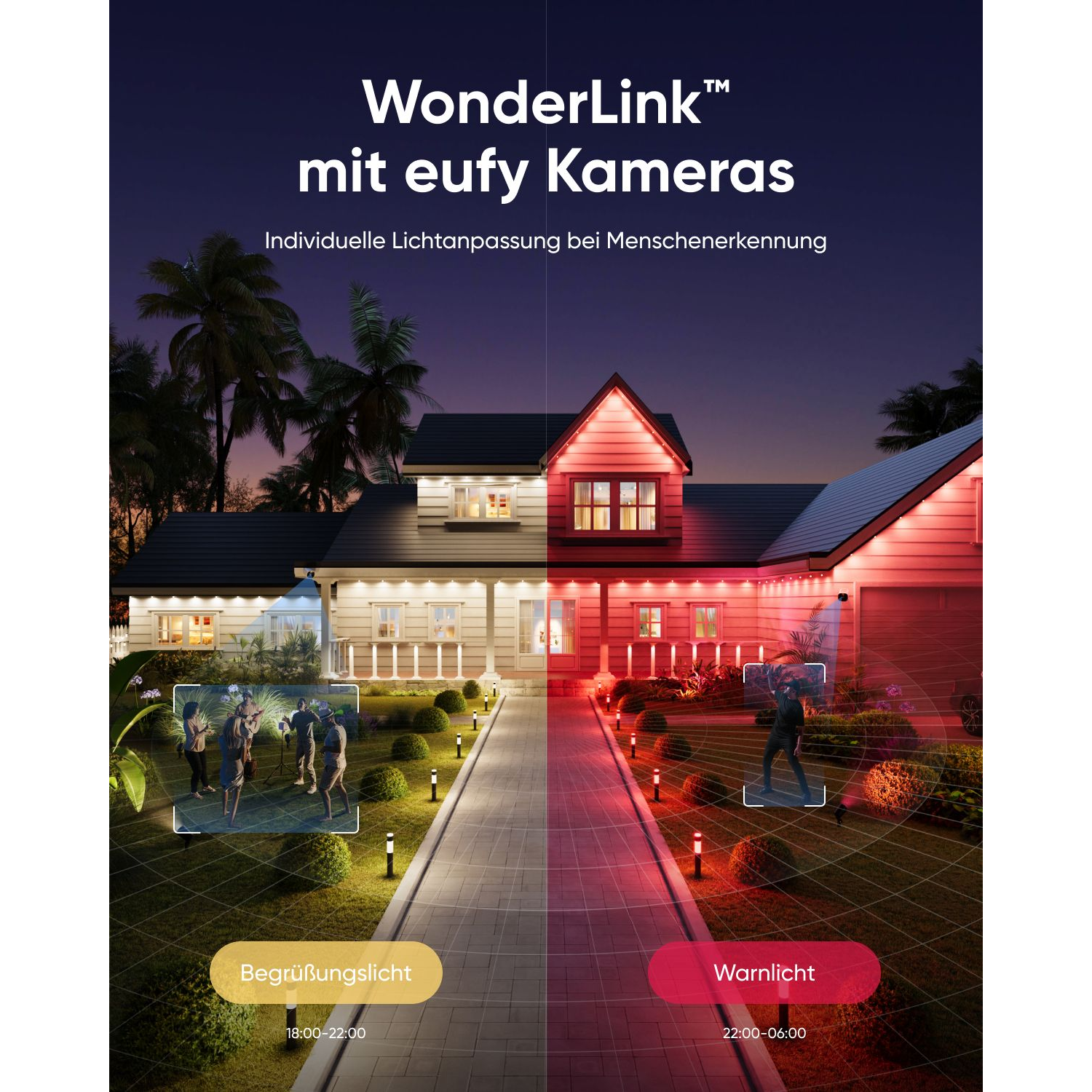 A house with lights on, showing a security system at night. Text: WonderLink with eufy cameras.