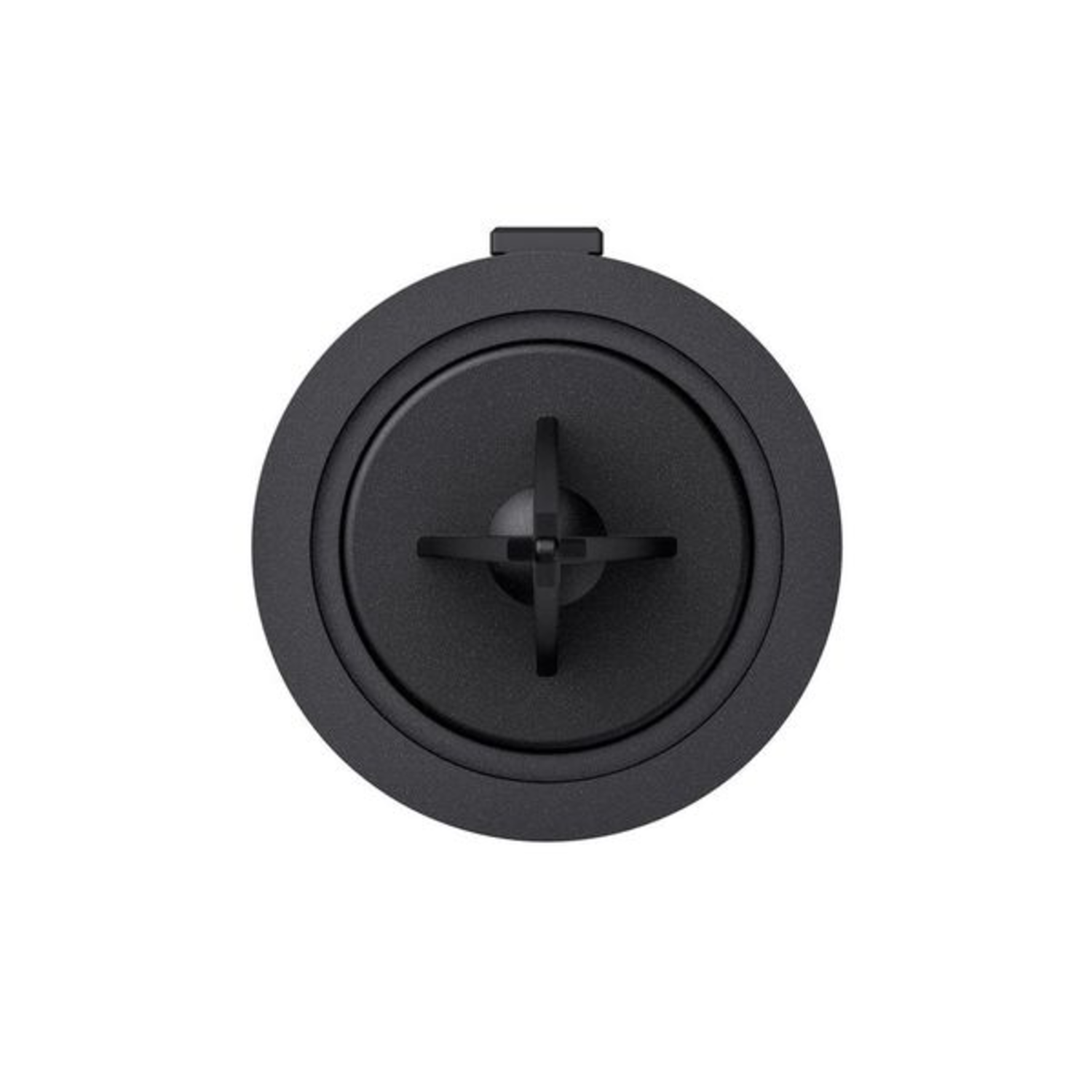 A black circular object with a cross-shaped pattern in the center. It has a small top attachment.
