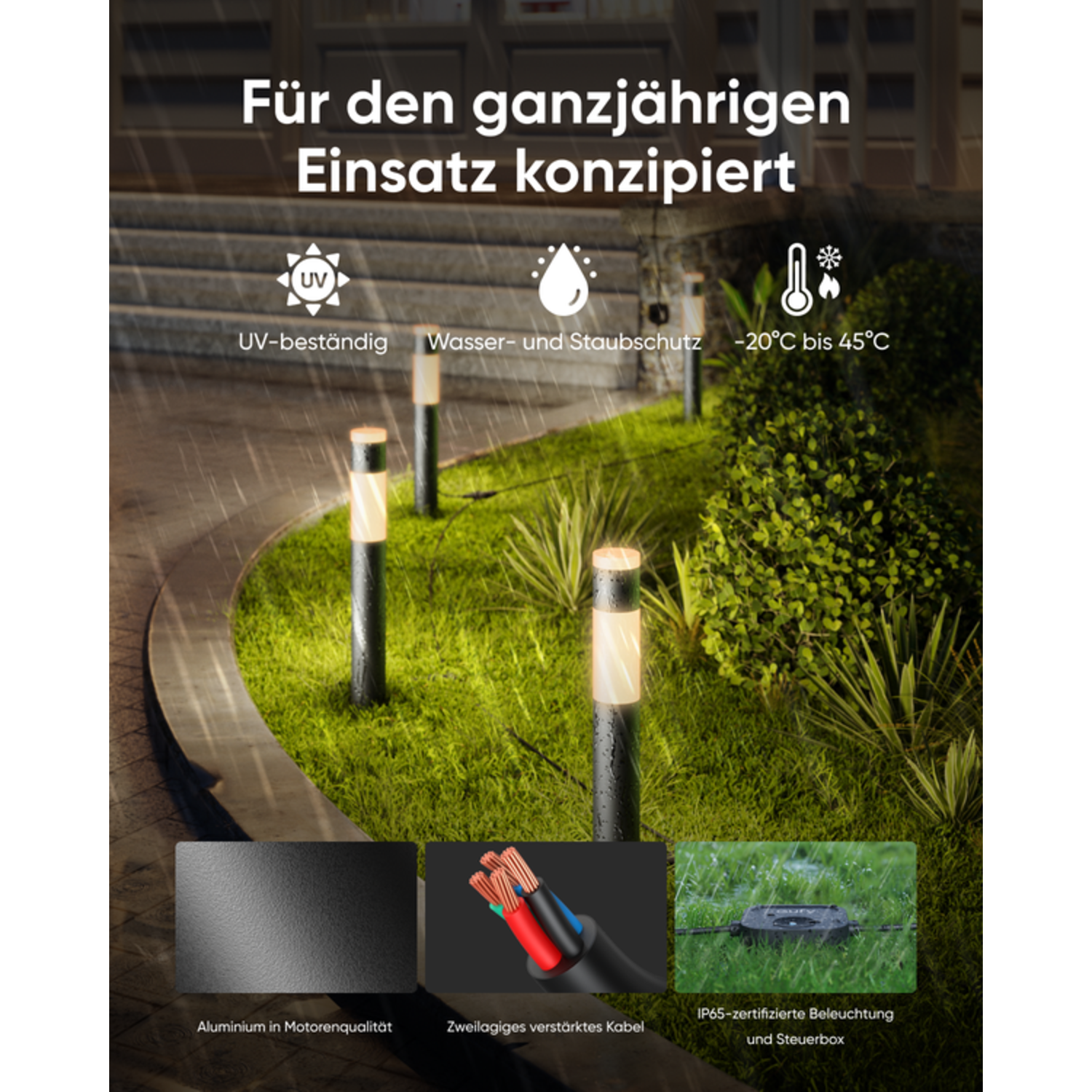 Buitenverlichting. Zwarte palen, een groen gazon en productdetails.