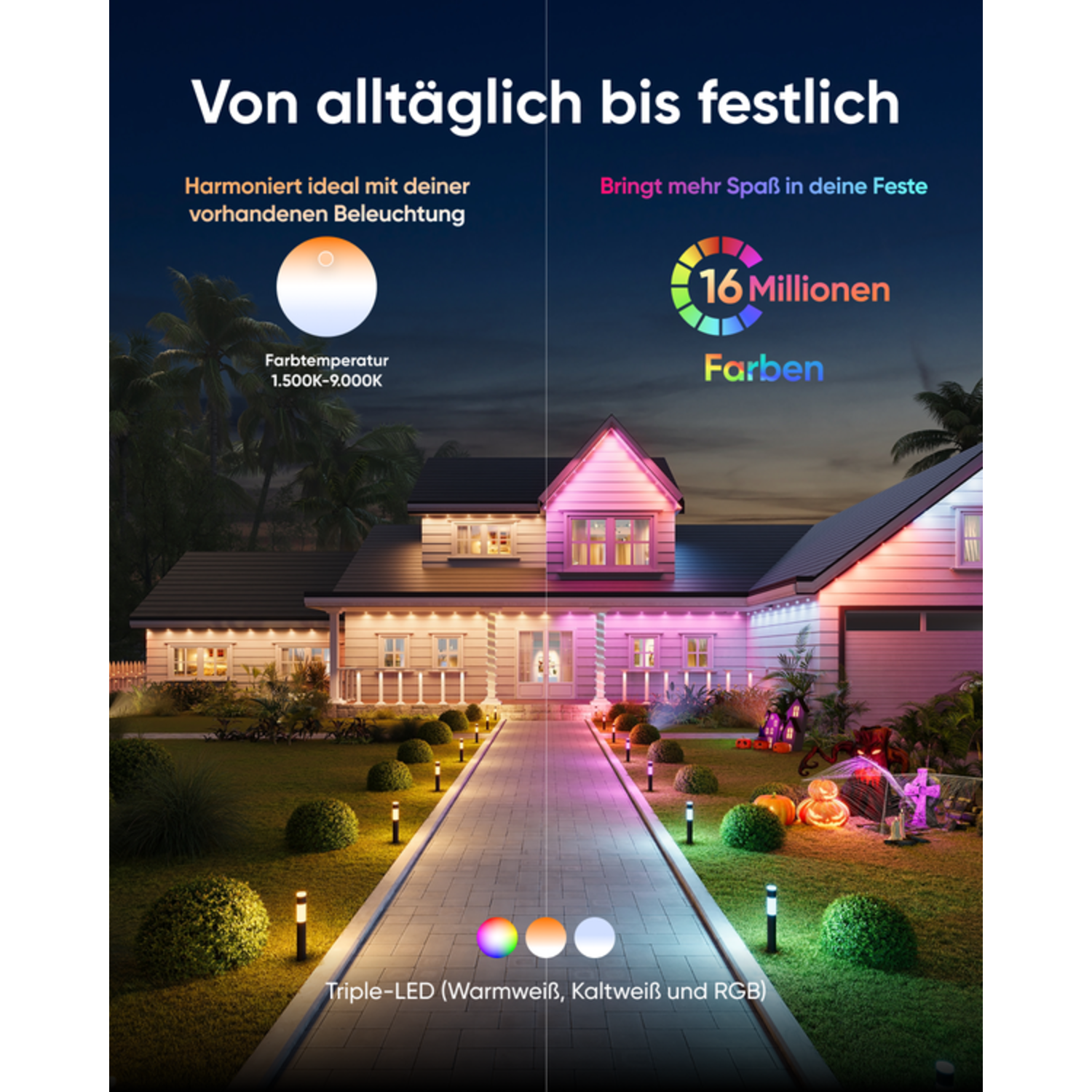 Huis met lichten op de oprit en in de tuin. Tekst in het Duits over lichtkleuren.