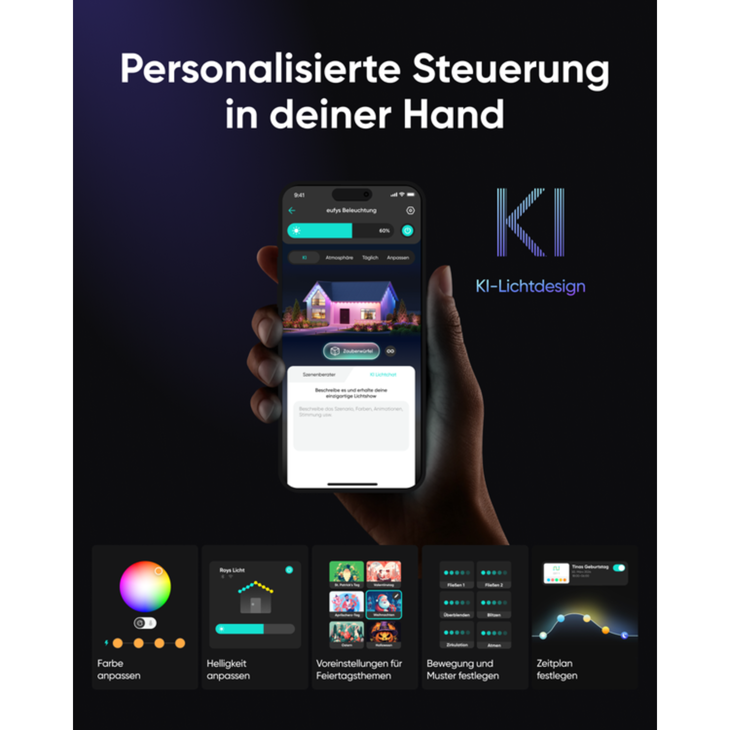 Hand die telefoon vasthoudt met app-interface met verschillende opties.