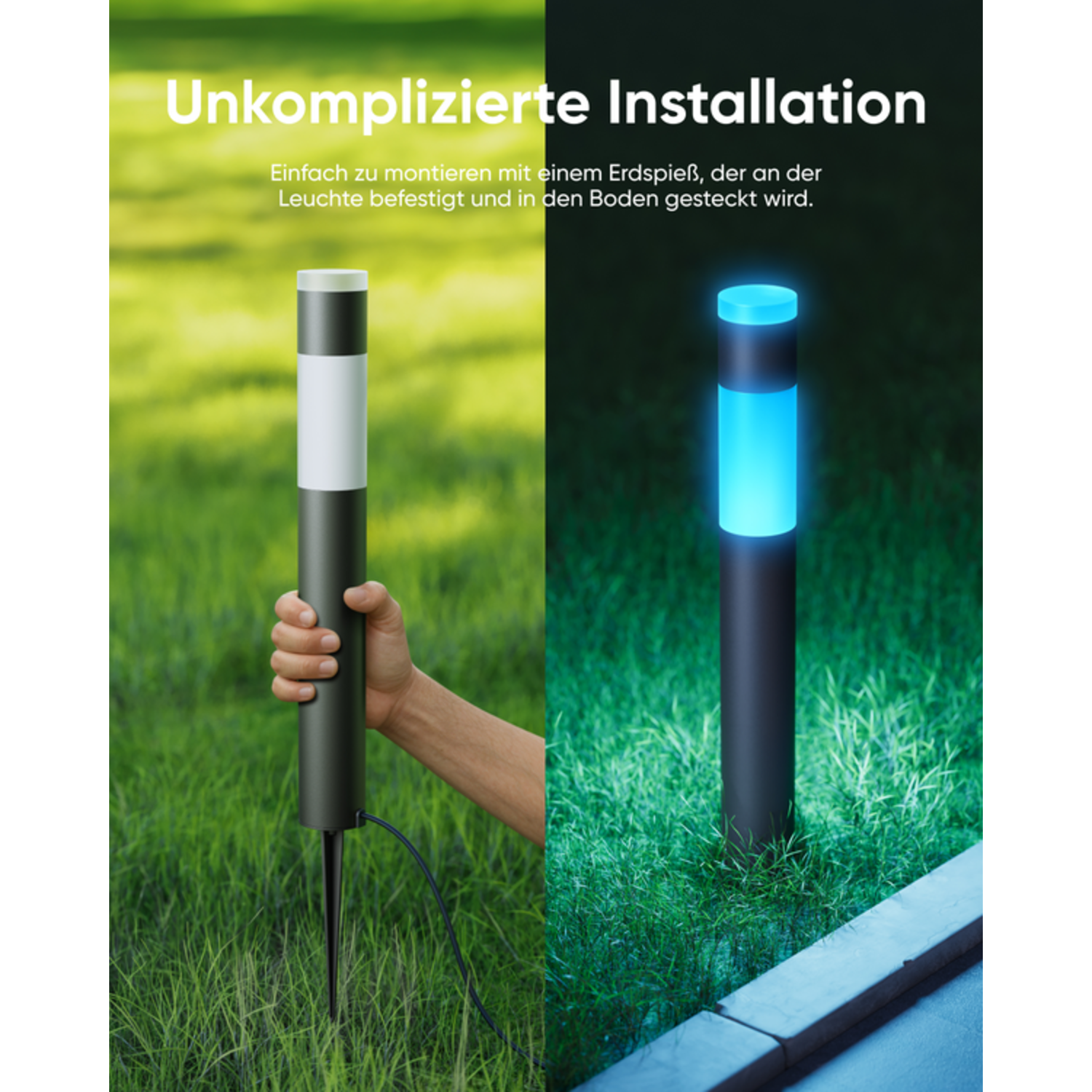 Twee buitenlampen, één vastgehouden, één geïnstalleerd, die wit en blauw licht uitstralen.