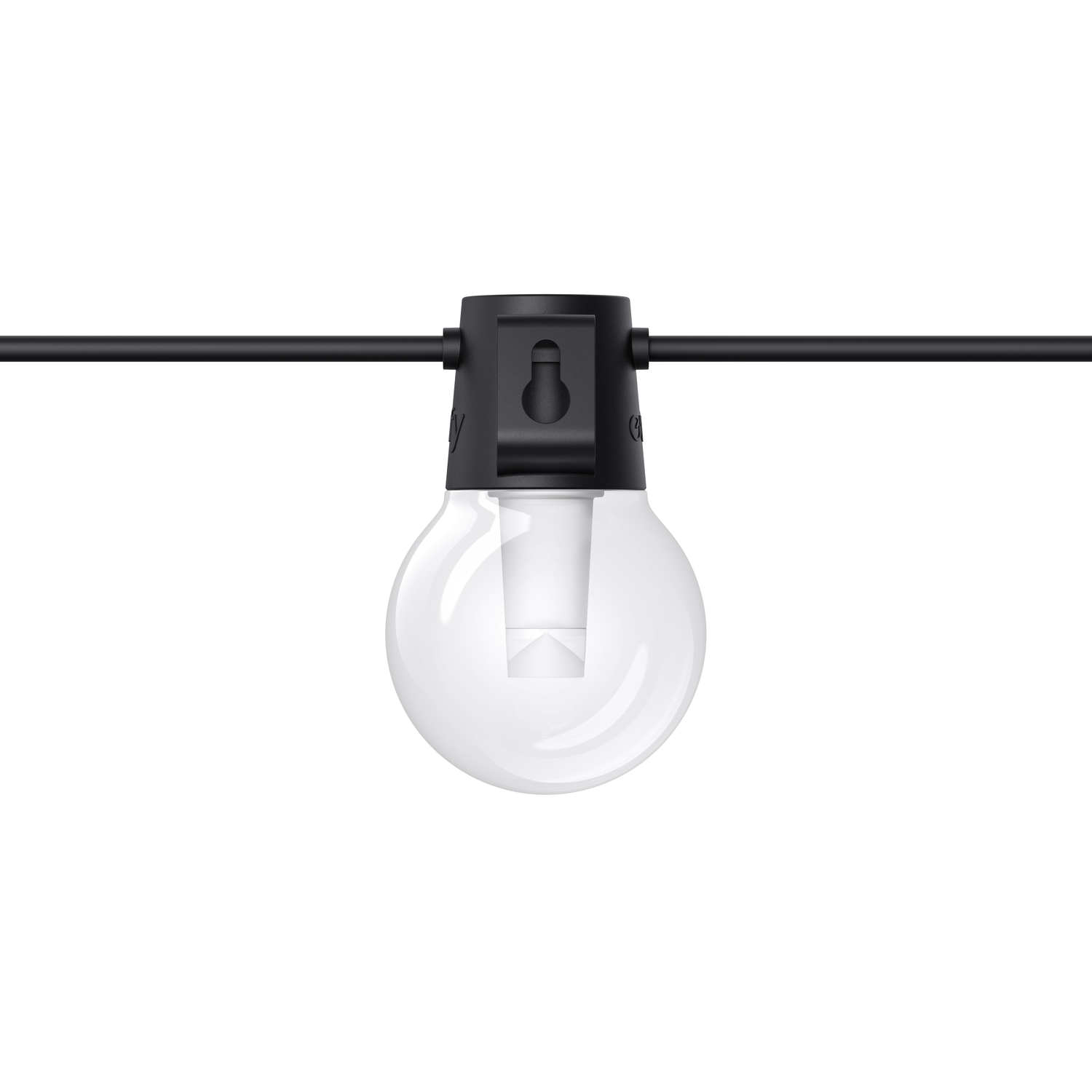 A single outdoor light bulb, clear glass, hanging from a black cable. White background.