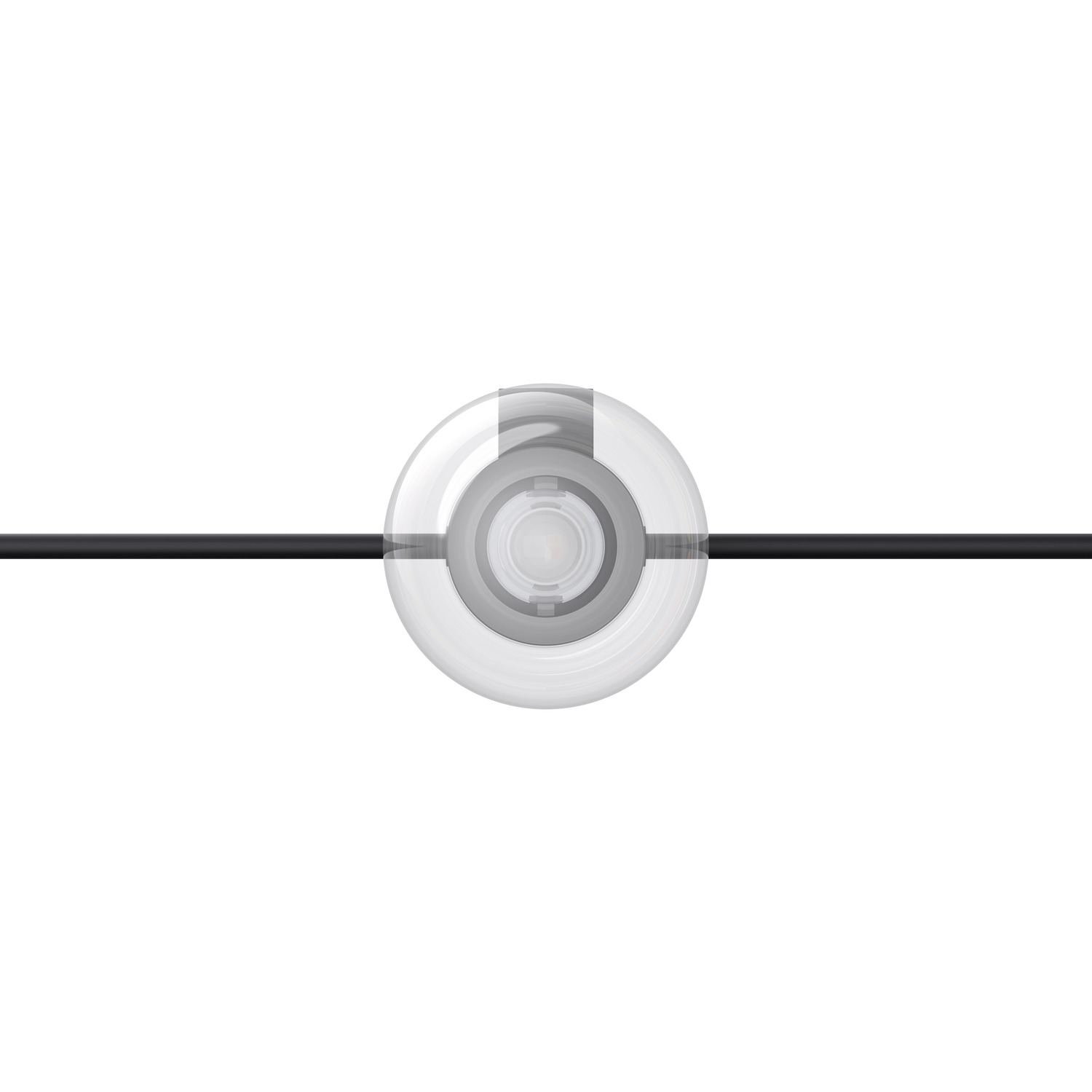 Small, round, white light with a black cord against a white background.