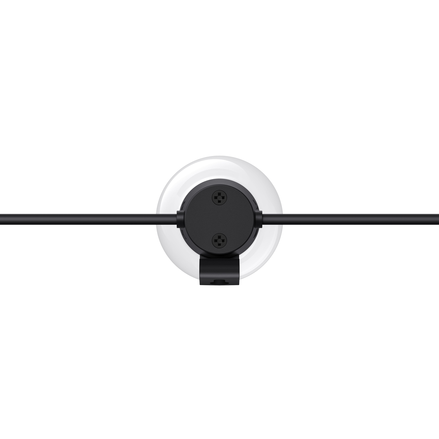 A white circular light with a black center and a black cable. It has a black clip at the bottom.